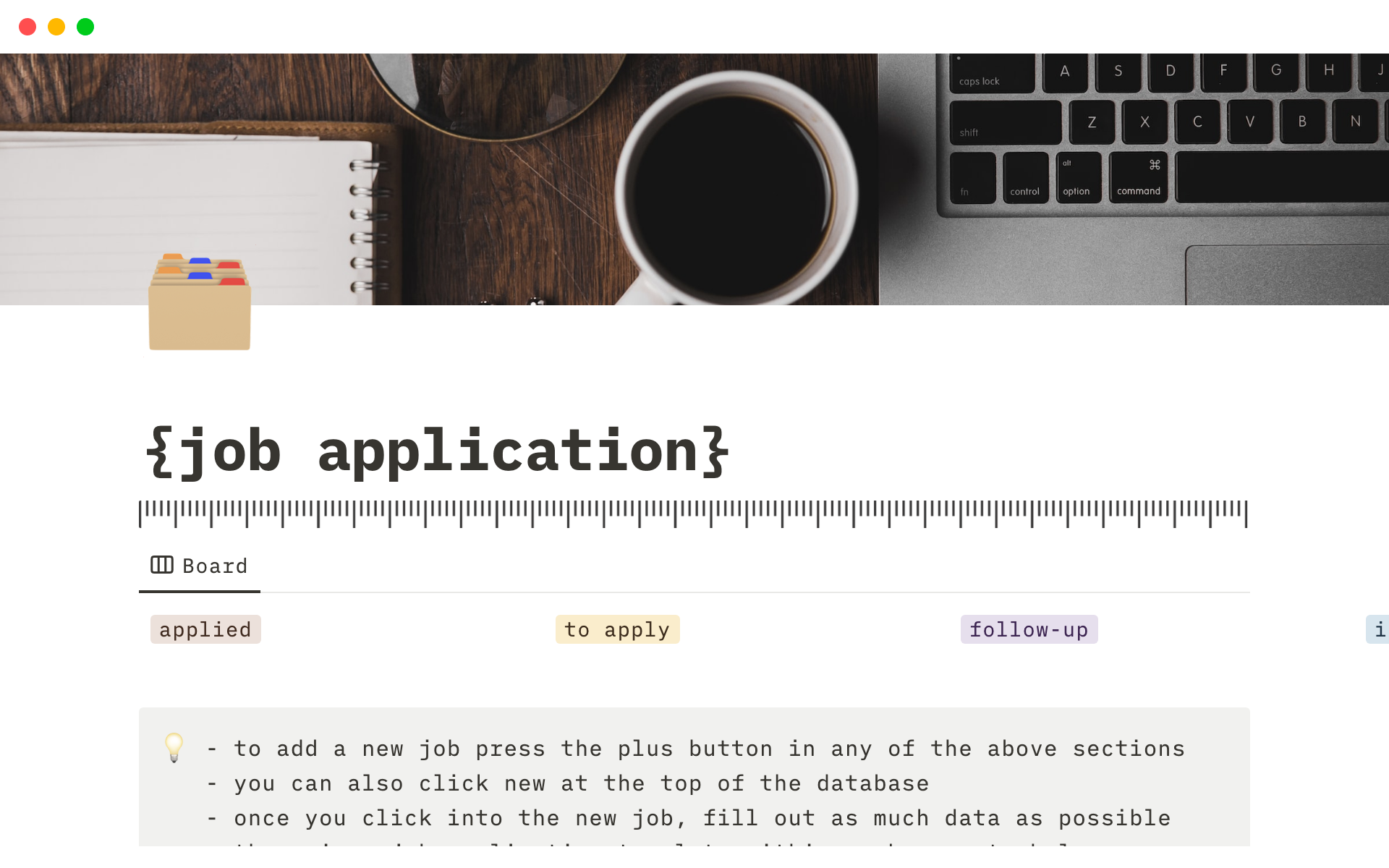 En forhåndsvisning av mal for notion job application template