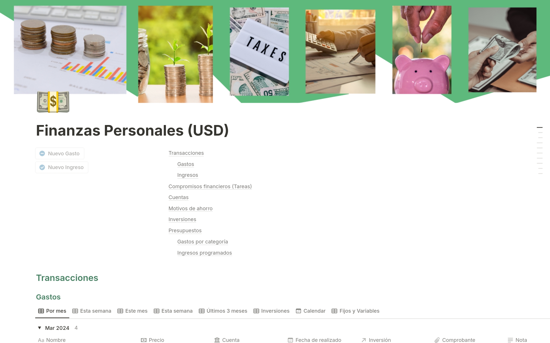 A template preview for Finanzas Personales (USD)