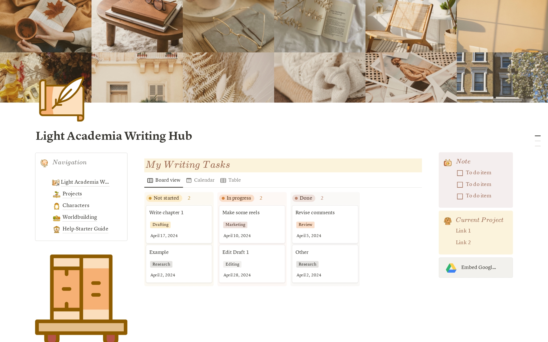 En förhandsgranskning av mallen för The Writing Hub Light Academia