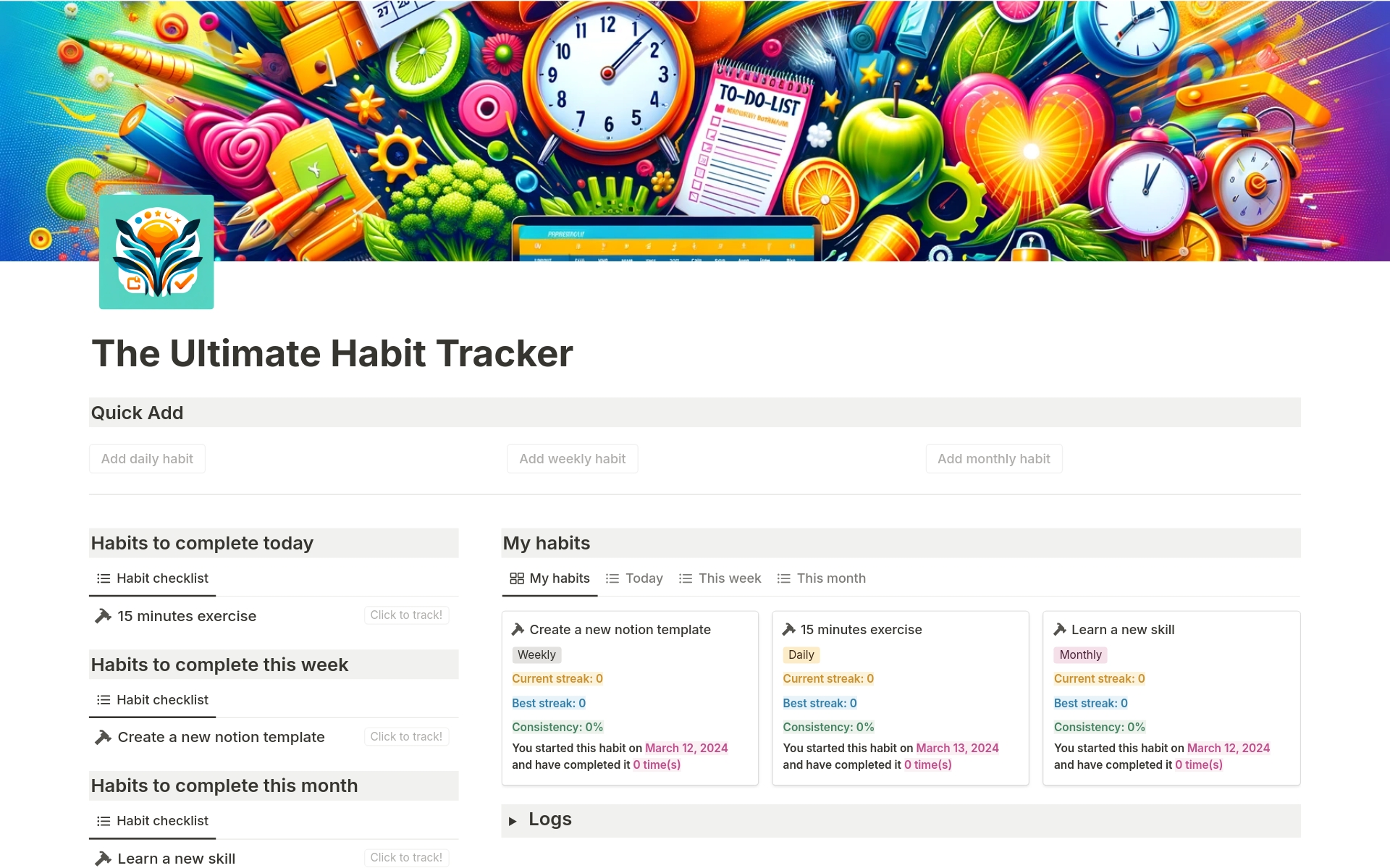 The most advanced habit tracker on Notion. Set daily, weekly, or monthly habits and measure your consistency and track your best streaks.