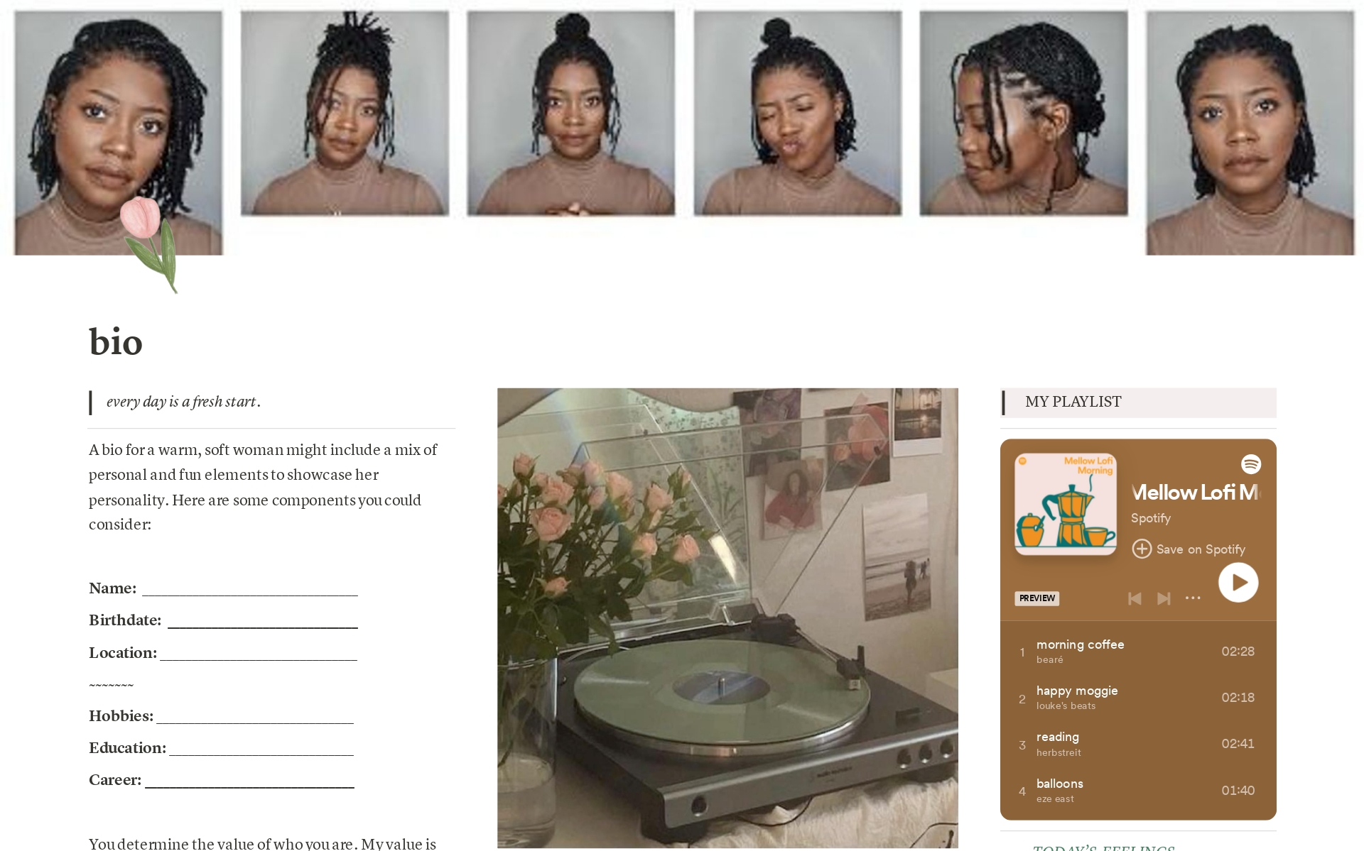 This template is crafted to organize and celebrate every aspect of– you. From your likes and dislikes to rediscovering your uniqueness, this page is all about self-love and embracing your individuality. It's fully customizable with options for skin tones, colors, and more! 🤍 