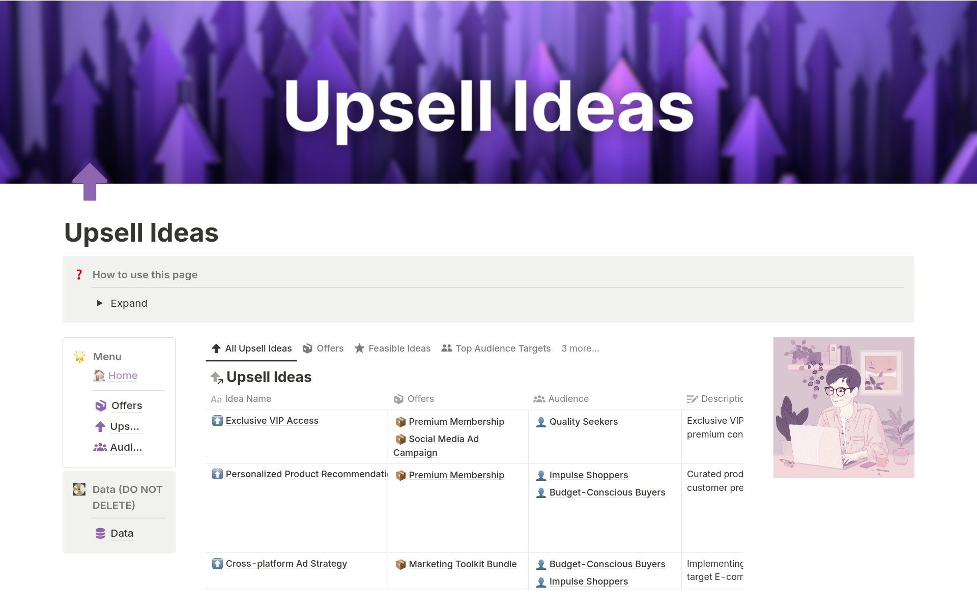 Elevate your profitability and customer satisfaction with innovative upsell strategies.

Empower your business with the Ultimate Upsell Offer Ideas Notion template, your gateway to boosting revenue and creating lasting customer relationships.