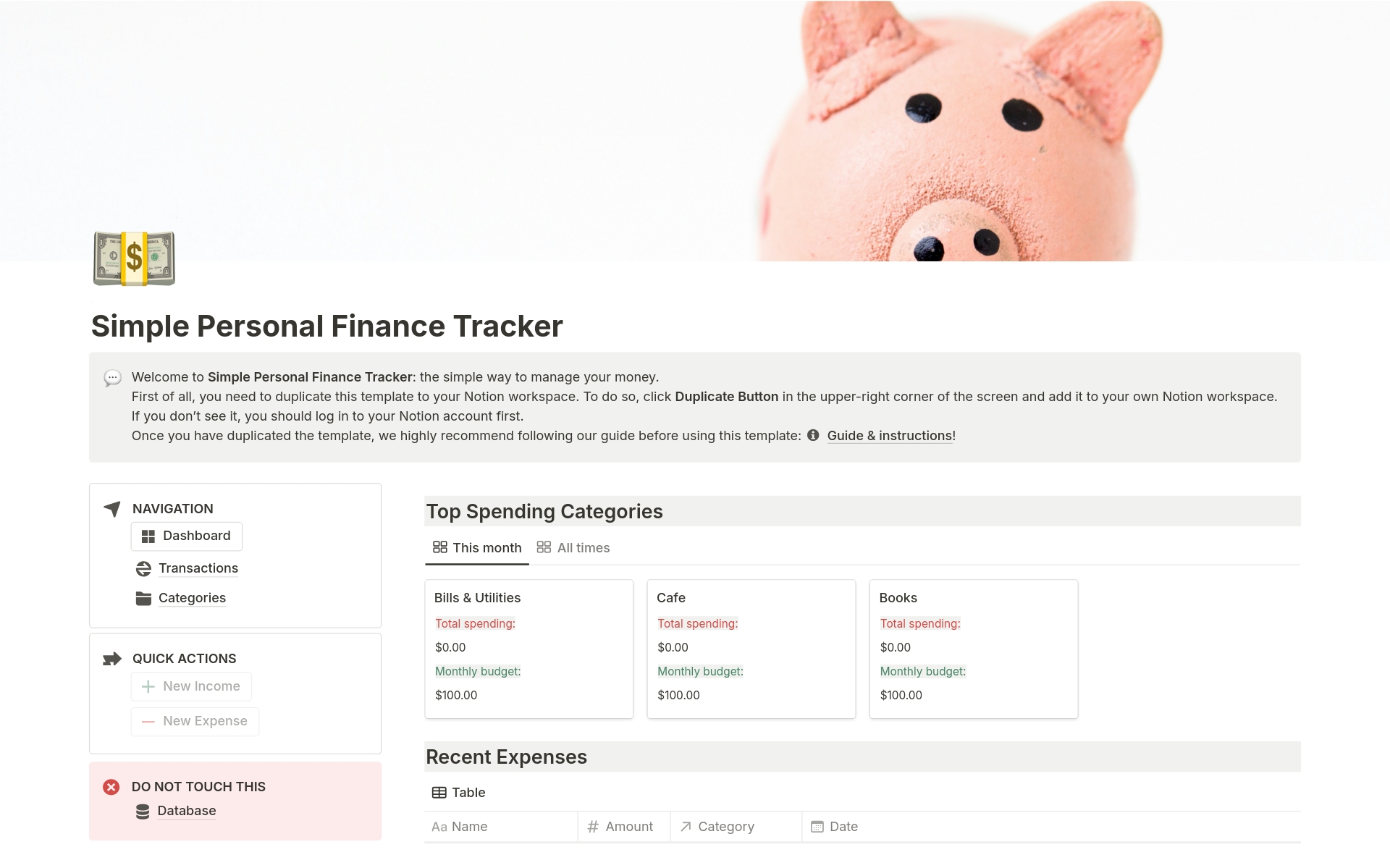 Take Control of Your Finances with the Simple Personal Finance Tracker for Notion. Perfect for anyone looking to gain a clearer understanding of their financial health without the complexity of traditional finance software.