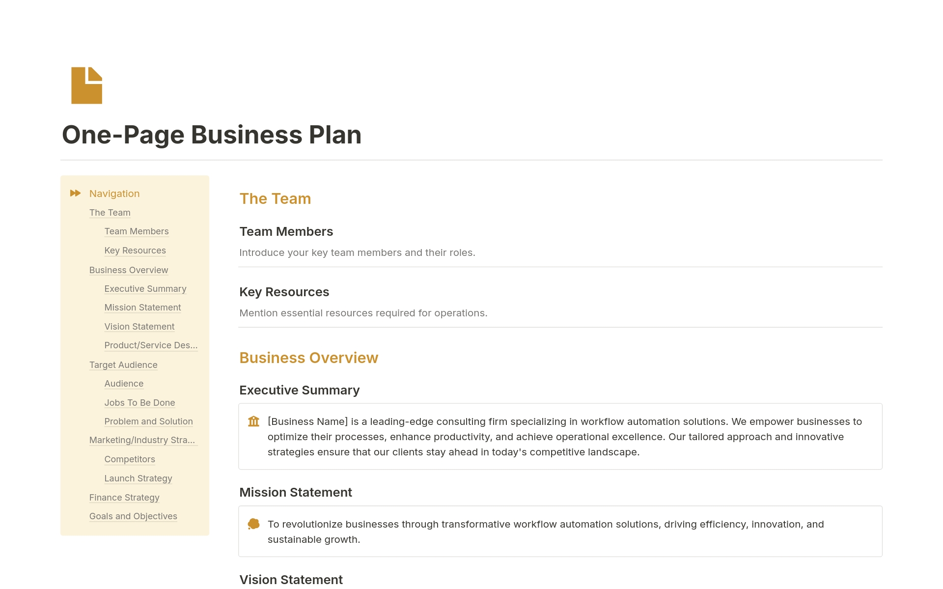 En förhandsgranskning av mallen för One-Page Business Plan