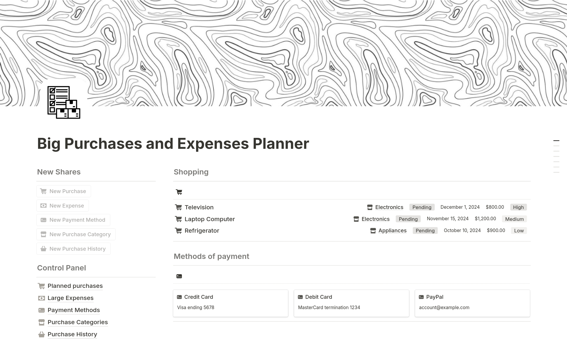 A template preview for Big Purchases and Expenses Planner