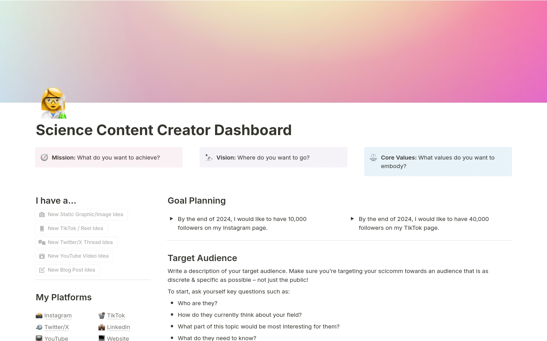 En förhandsgranskning av mallen för Science Content Creator Dashboard