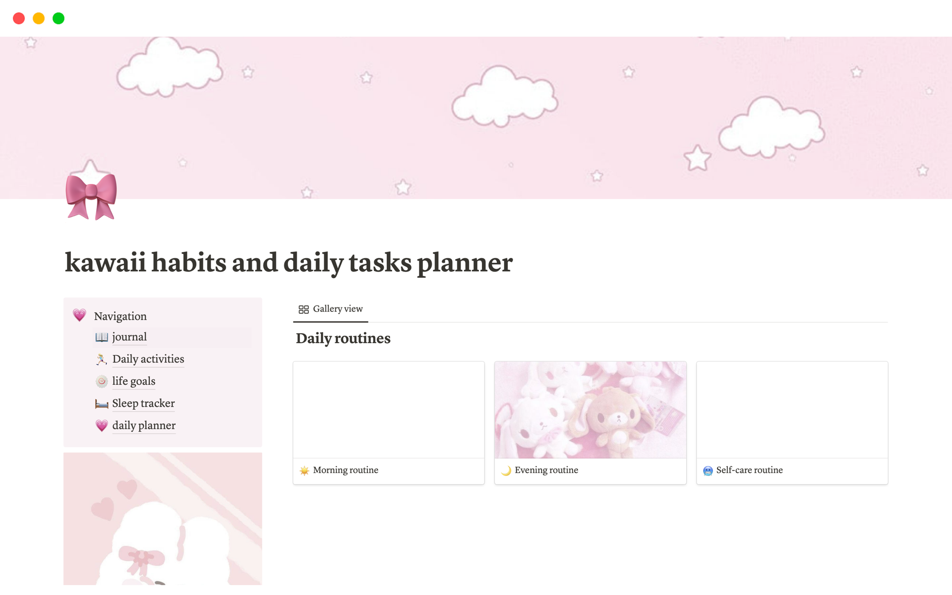 Vista previa de una plantilla para kawaii habits and daily tasks planner 