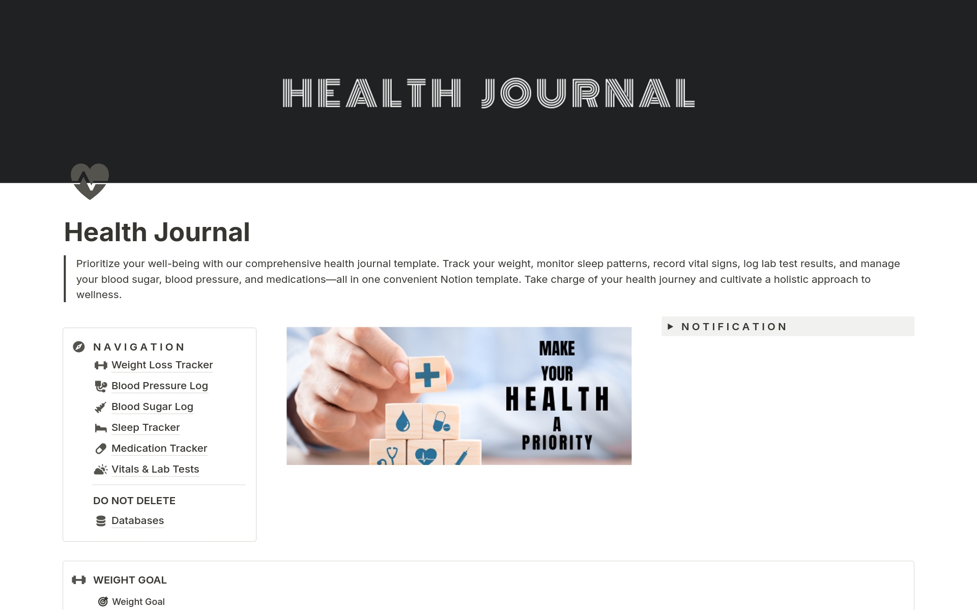 A template preview for Health Journal
