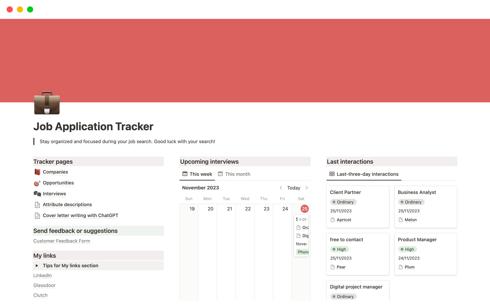 Job Tracker Template for Notion: Stay organized and focused during your job search with this comprehensive tracker template.