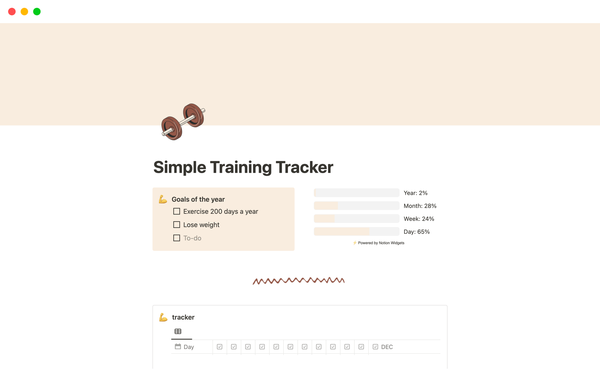 En forhåndsvisning av mal for Simple Training Tracker