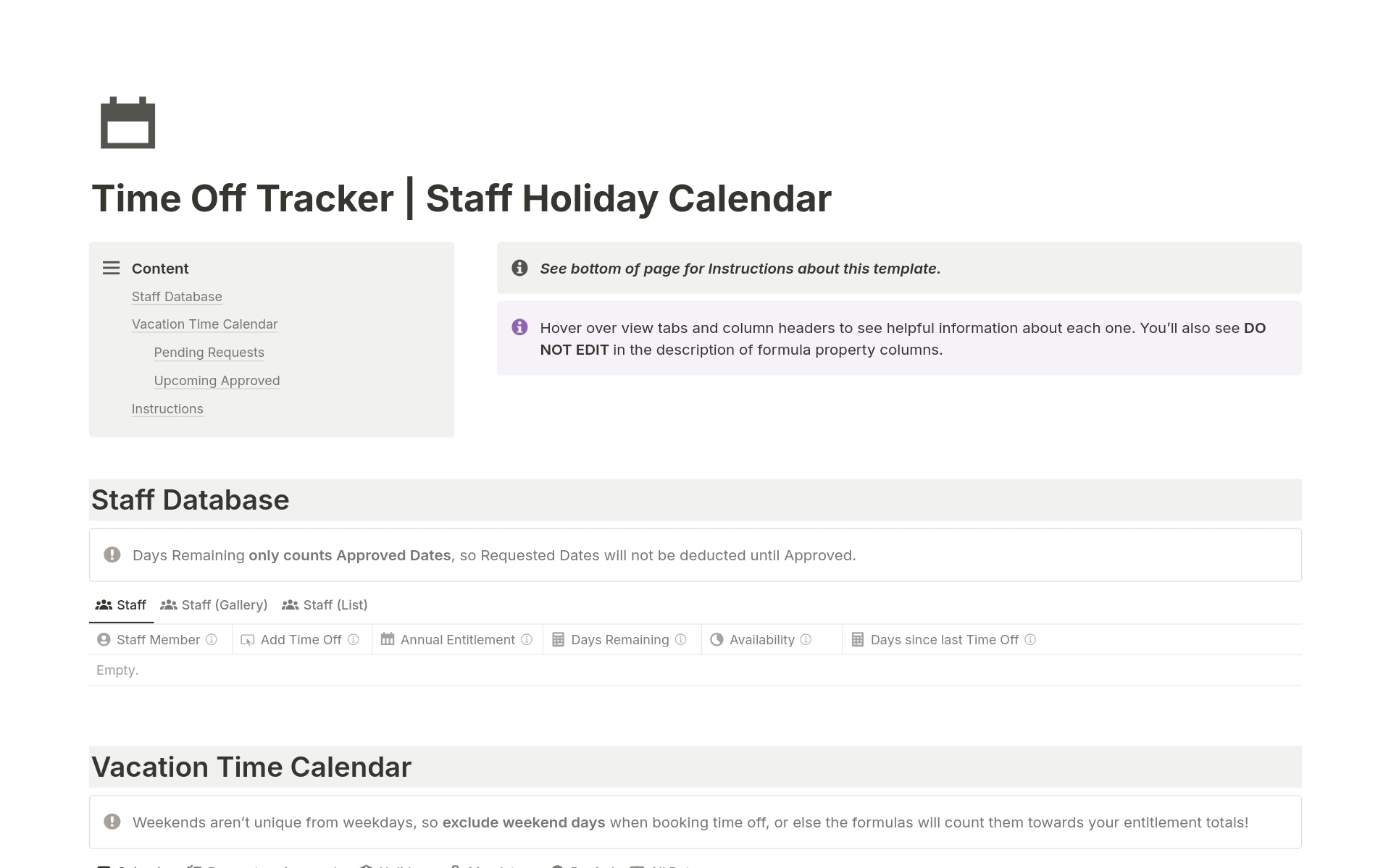 Mallin esikatselu nimelle Staff Holiday & Time Off Tracker