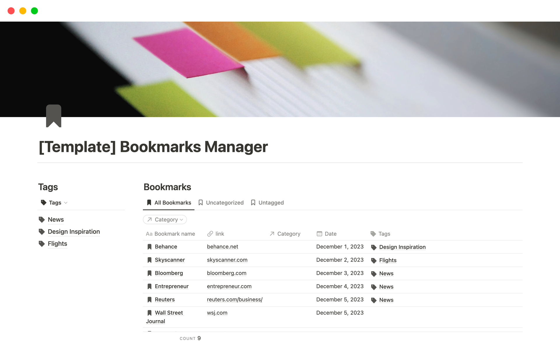 En forhåndsvisning av mal for Bookmarks Manager