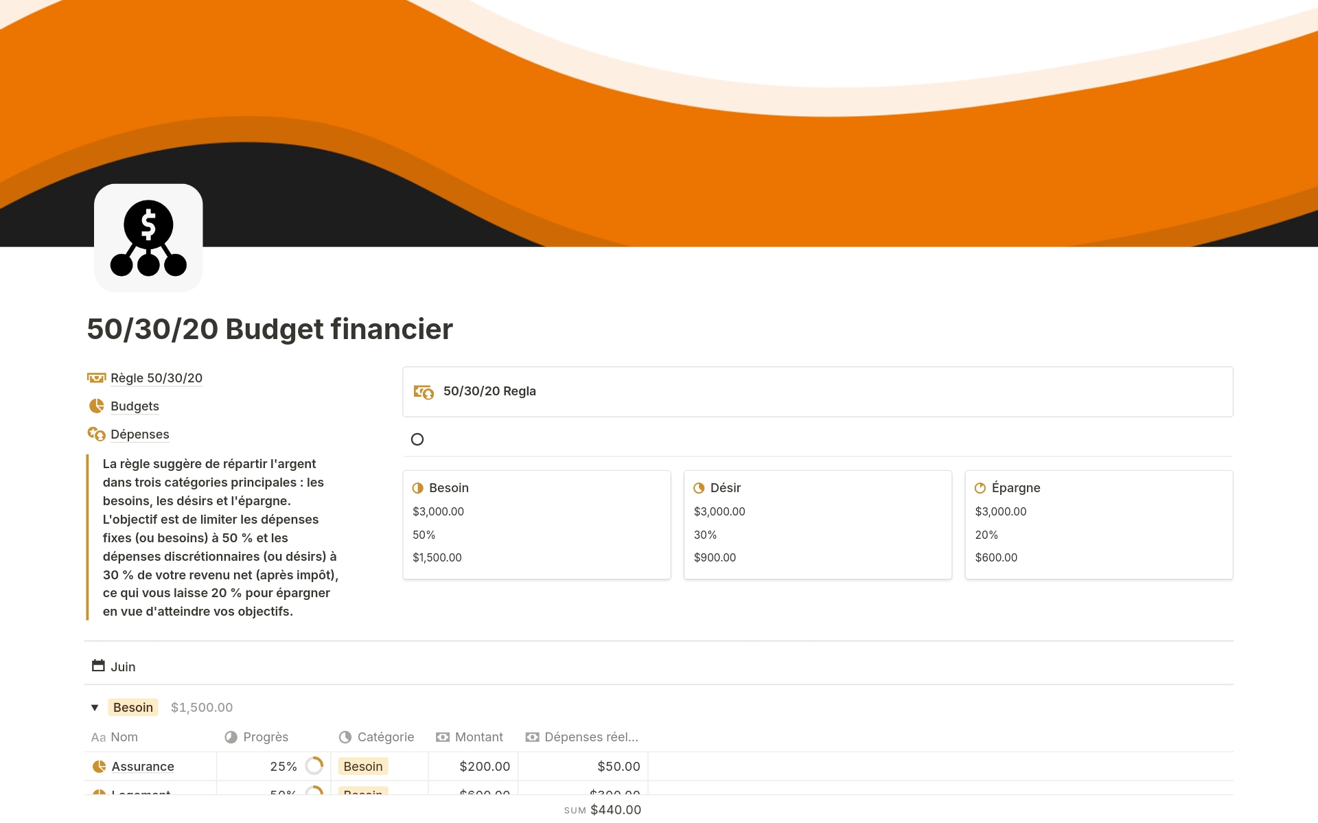 A template preview for 50/30/20 Budget financier