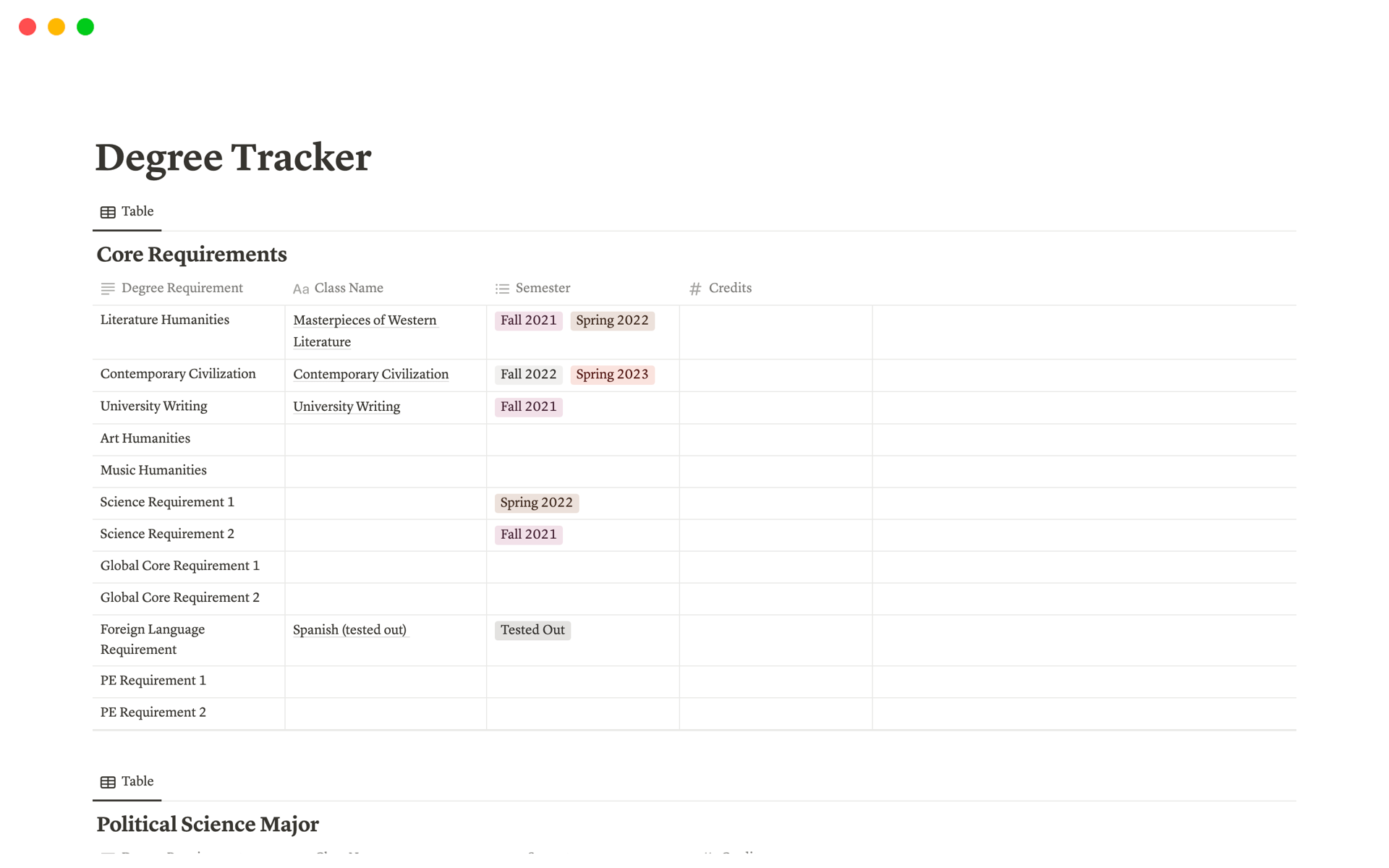 Vista previa de plantilla para Degree Tracker