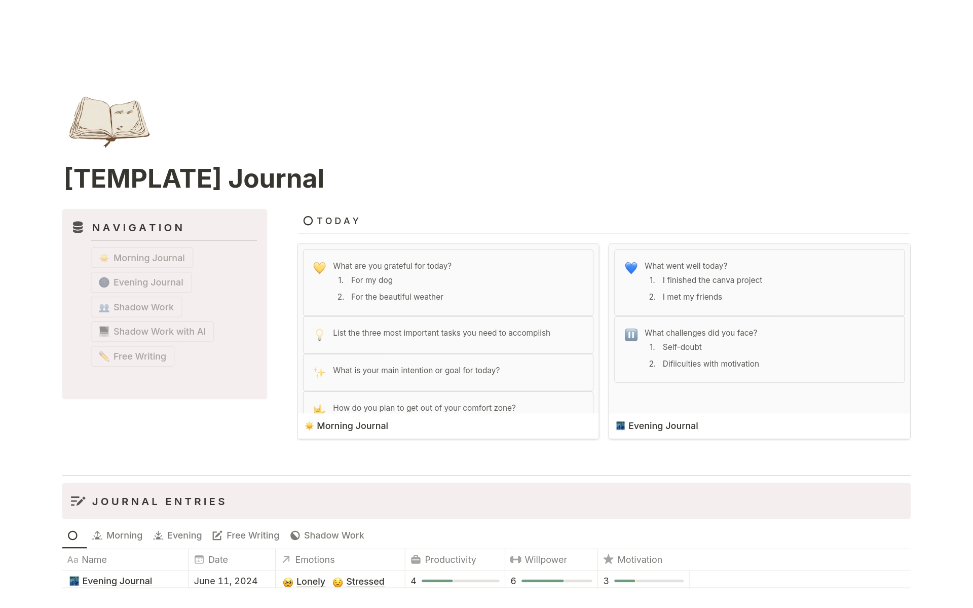 Unlock your potential with "A Guided Journal for Mindfulness and Productivity." This Notion template features daily prompts, AI-assisted shadow work, free writing, mood tracking, and productivity graphs. Enhance your well-being and achieve your goals with ease. Try it out!