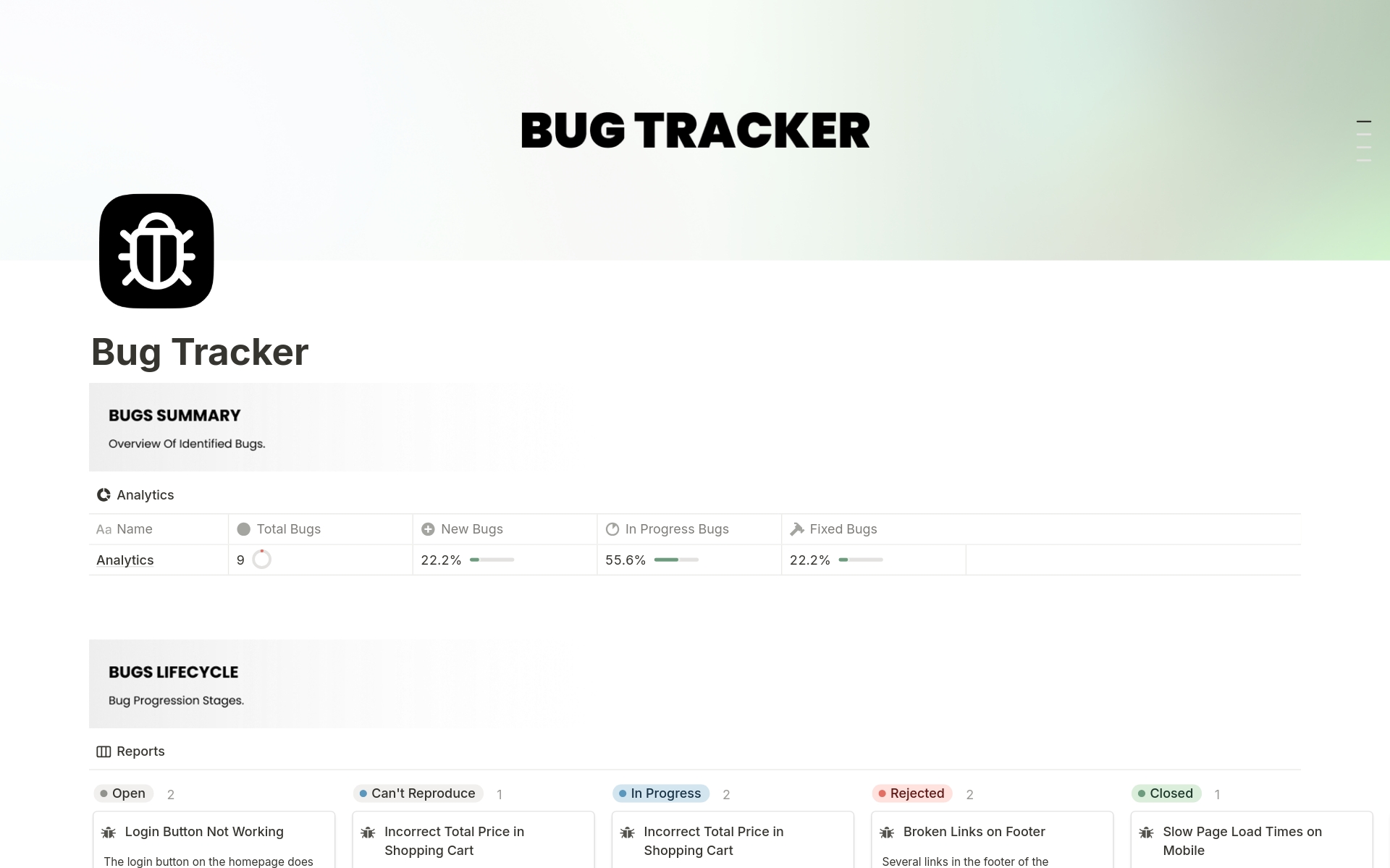 Streamline bug management with our Notion Bug Tracker. Centralize reports, track lifecycles, and boost team collaboration. Get started today!