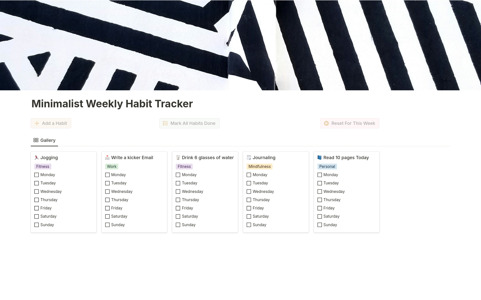 En förhandsgranskning av mallen för Minimalist Weekly Habit Tracker