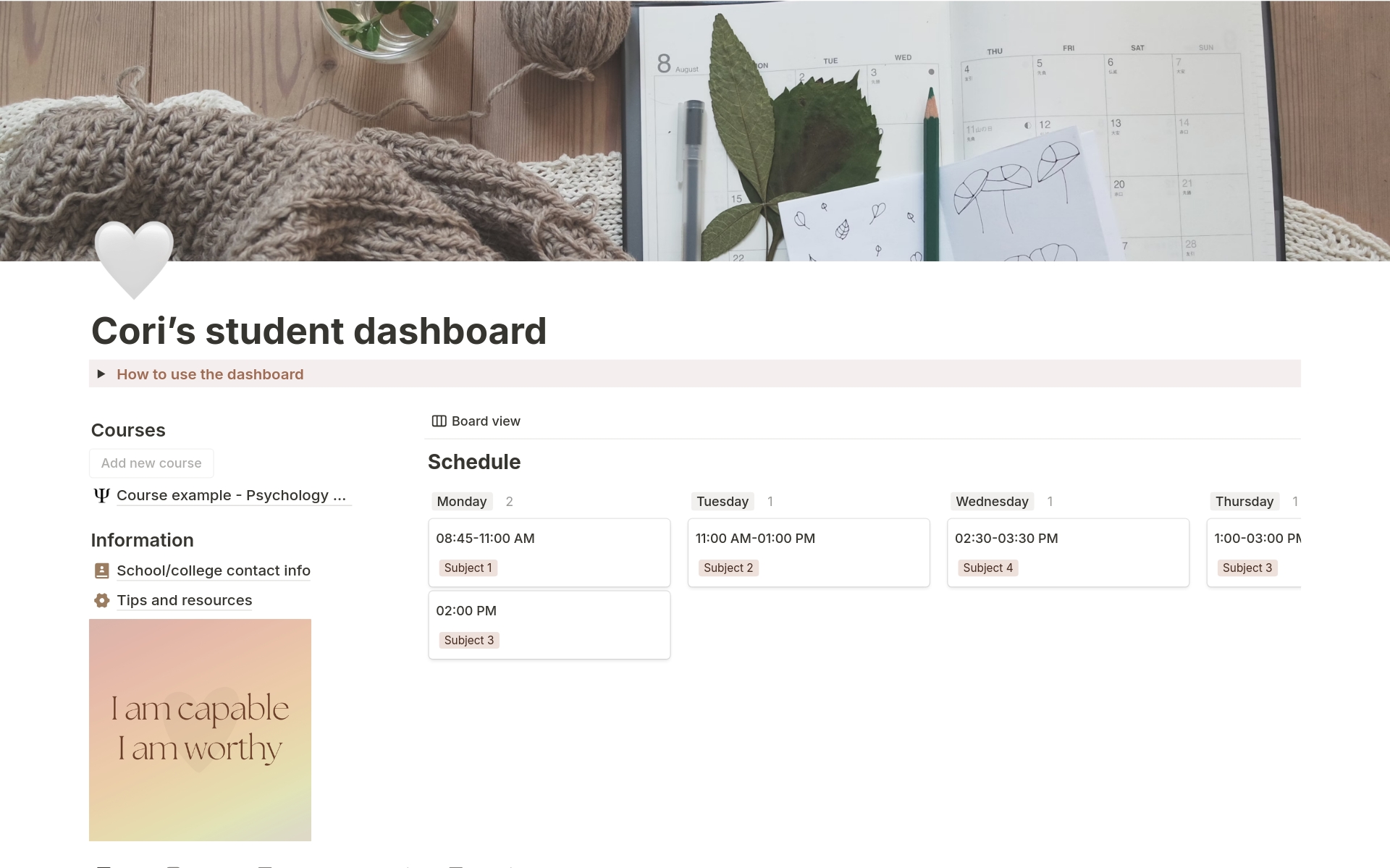En förhandsgranskning av mallen för Cori's student dashboard