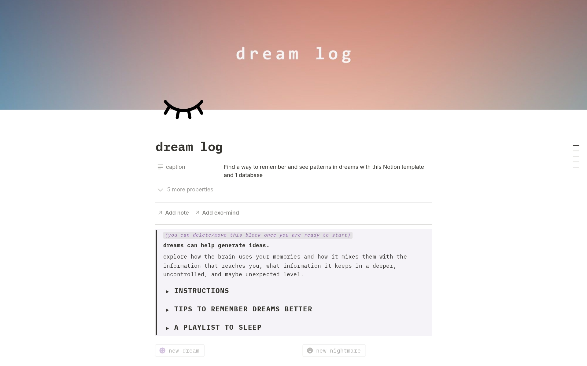 Vista previa de una plantilla para Dream log