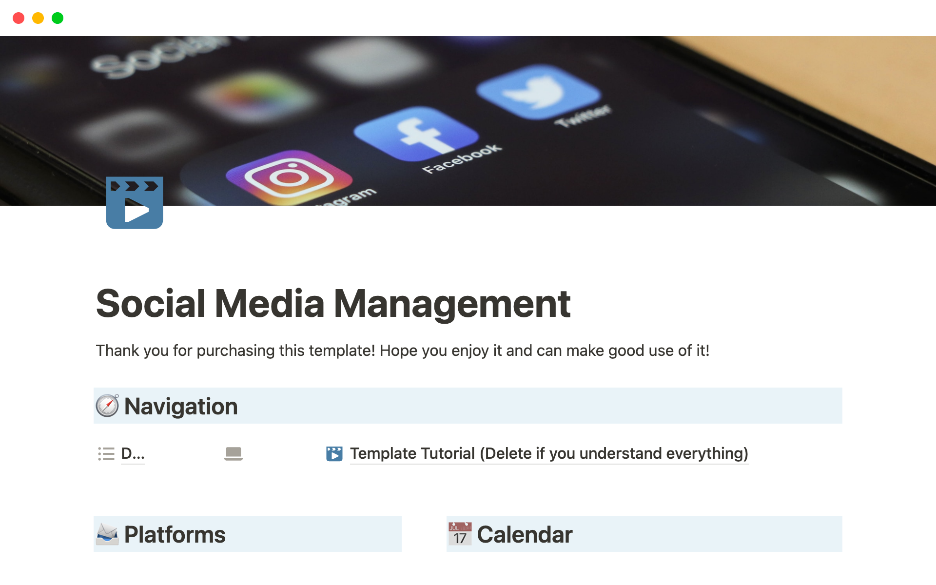 En forhåndsvisning av mal for Social Media Management