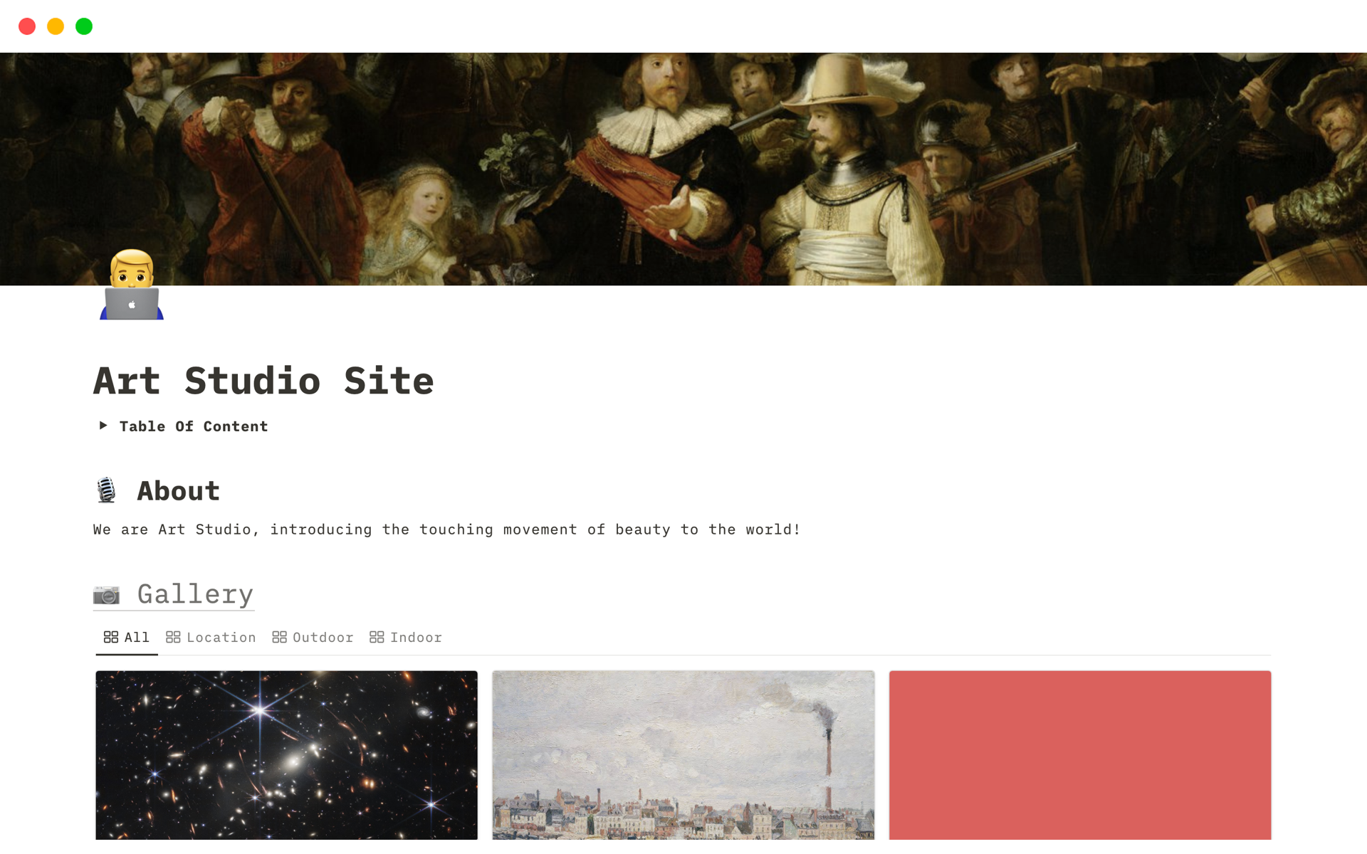 Vista previa de una plantilla para Art Studio Site
