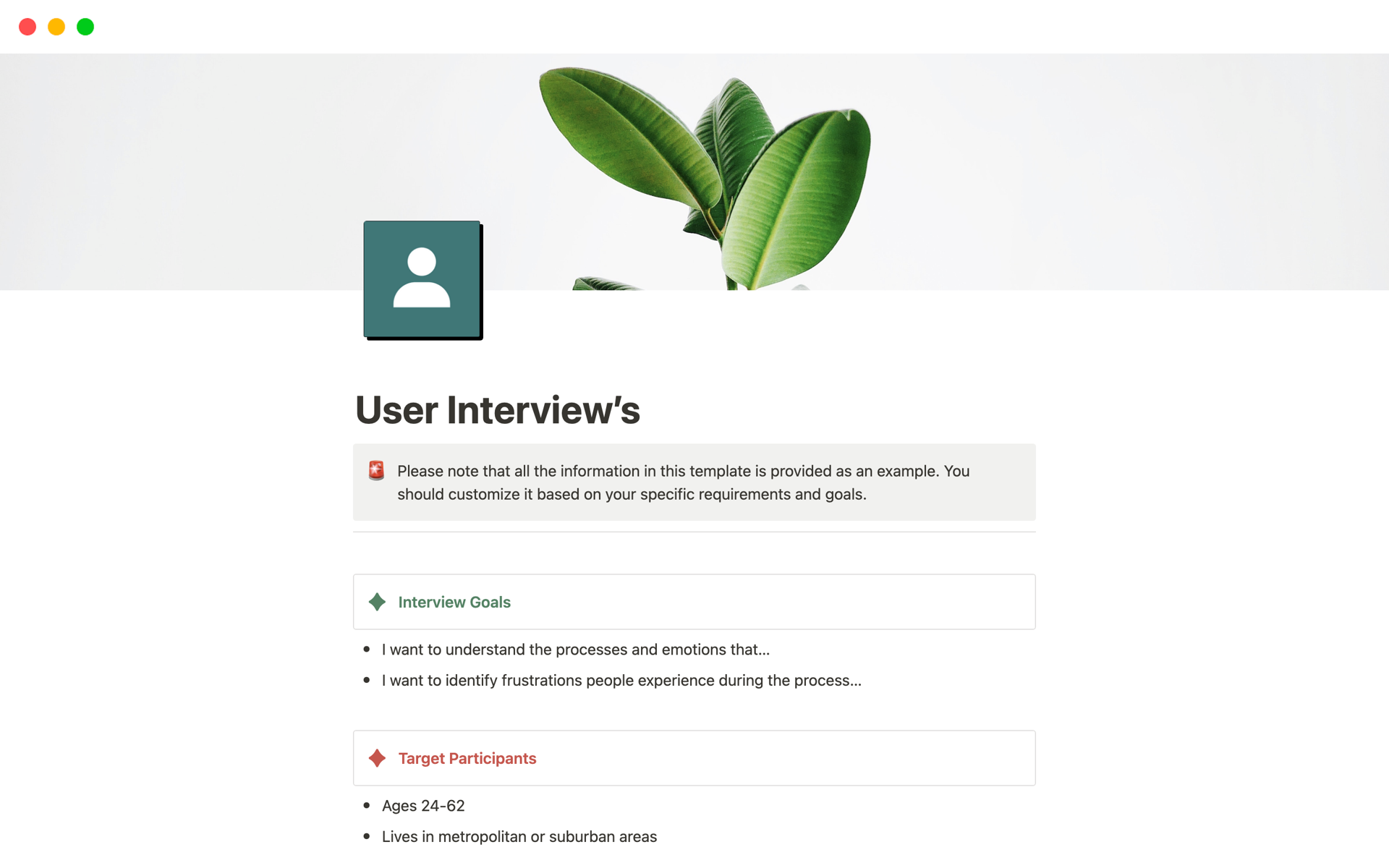 En förhandsgranskning av mallen för Designer User Interviews Template