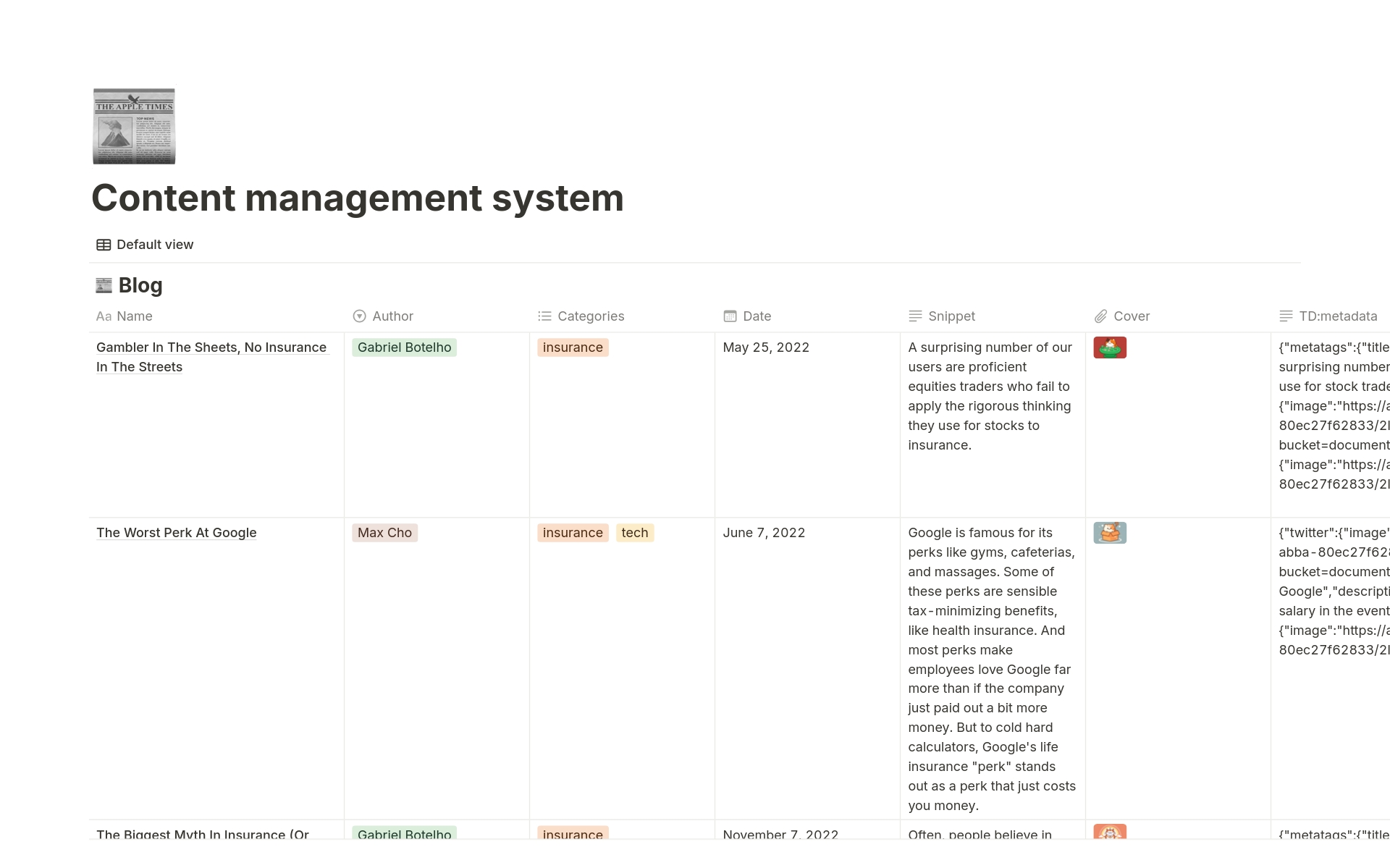 A template preview for Coverage Cat's Content Management System