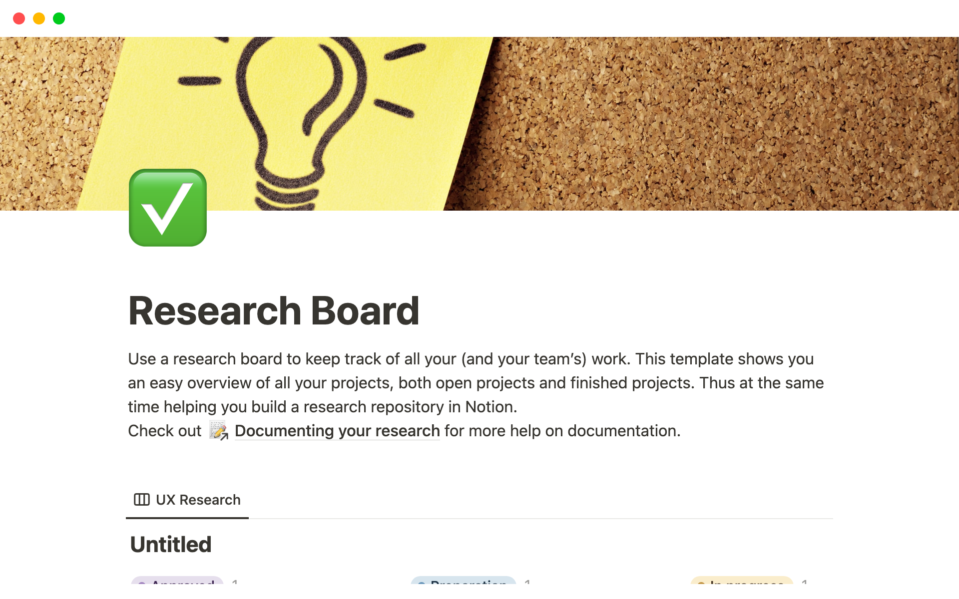 En forhåndsvisning av mal for UX Research Board + Repository