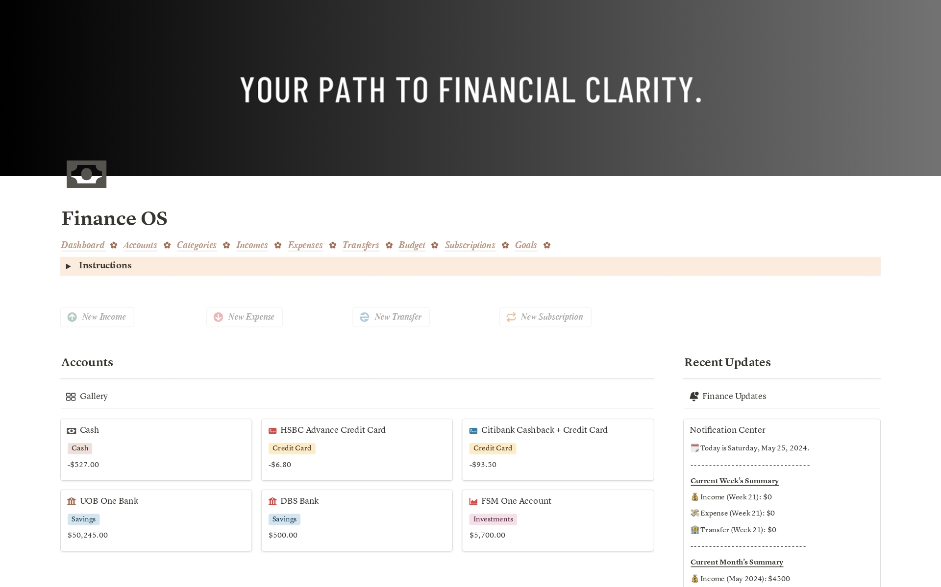 Vista previa de una plantilla para Ultimate Finance OS (Integrated with iOS Shortcut)