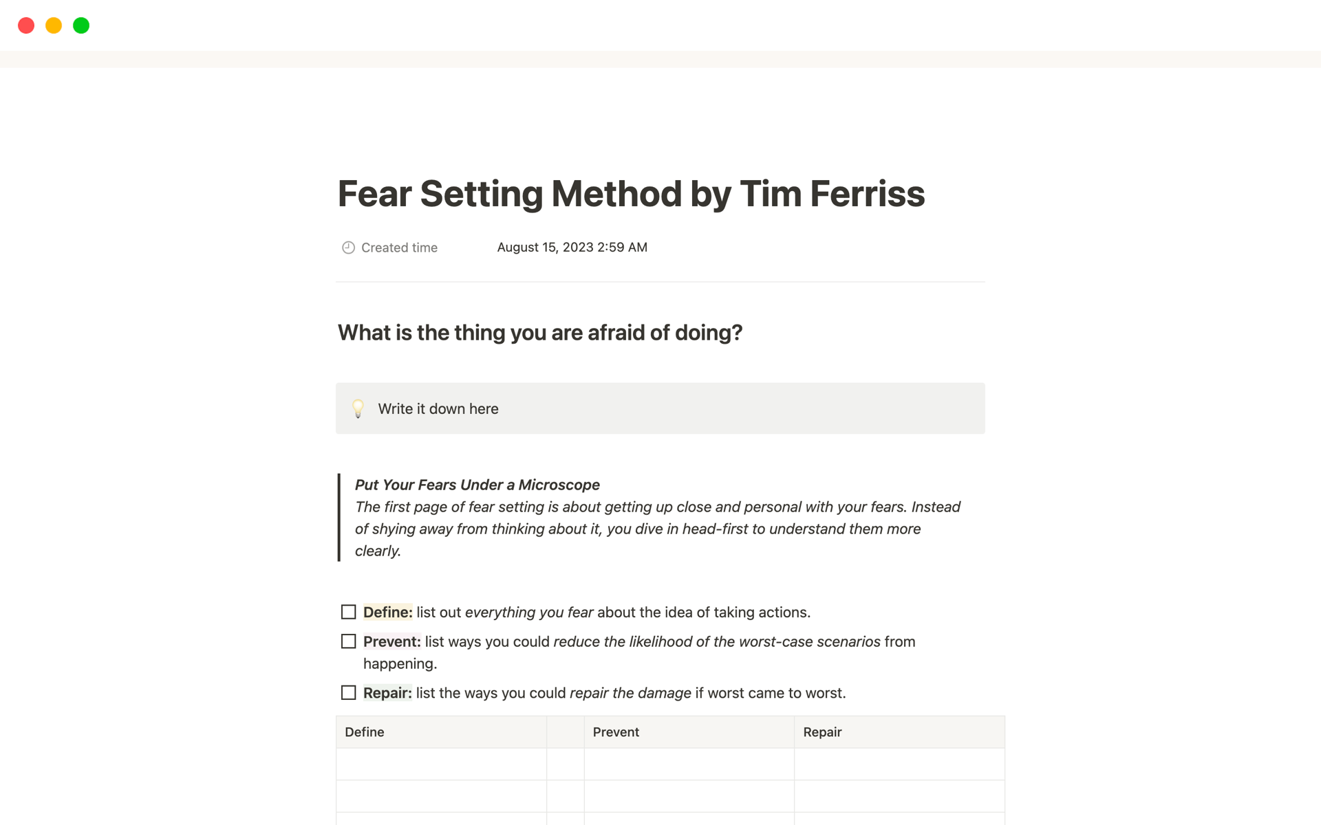 En förhandsgranskning av mallen för Fear Setting Method by Tim Ferriss