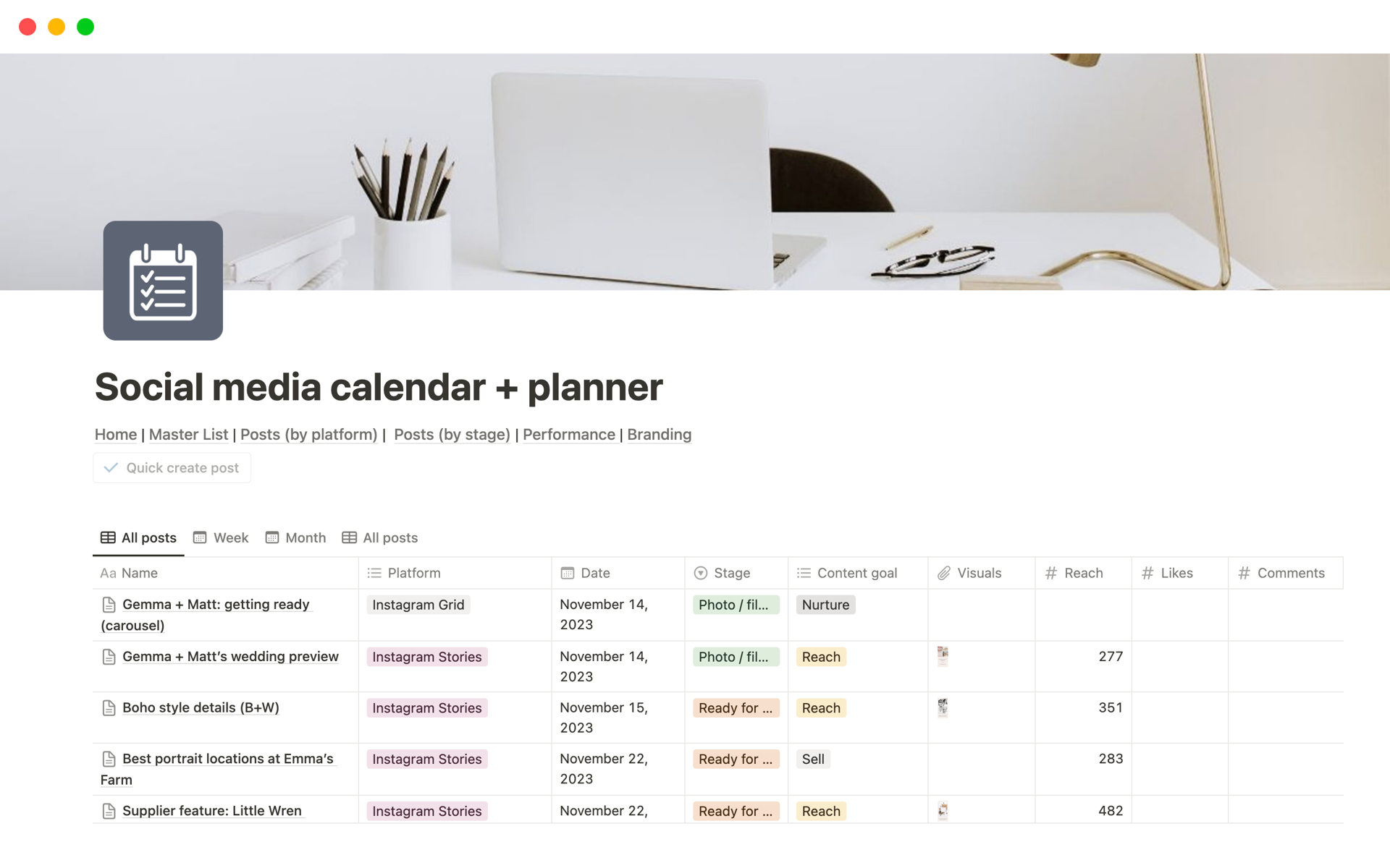 Plan your social media content across all the platforms with this calendar template for Notion, with posts by platform, weekly and monthly calendars, a 'quick add' post button, branding sections and an engagement tracker. 