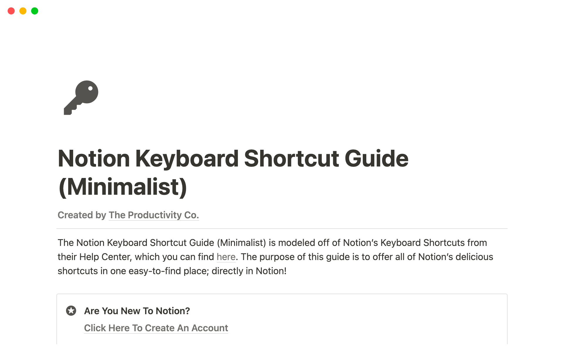 Aperçu du modèle de Notion Keyboard Shortcut Guide (Minimalist)