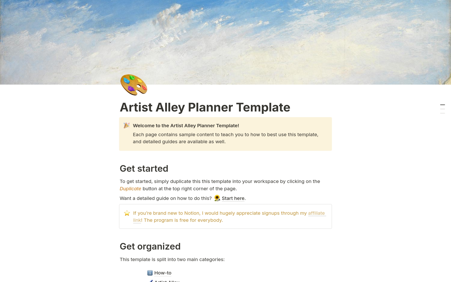 En förhandsgranskning av mallen för Artist Alley Planner