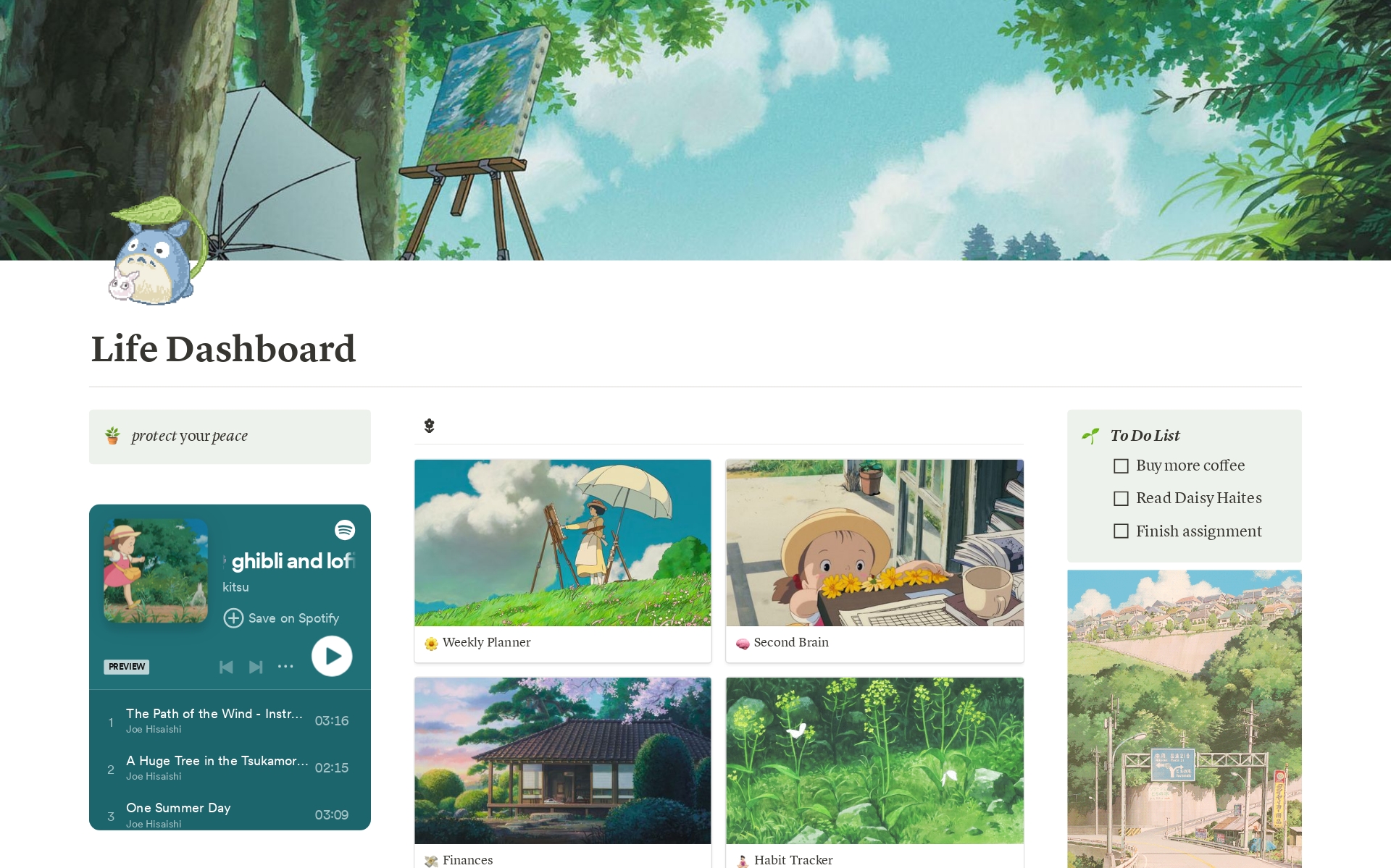 En forhåndsvisning av mal for 🌻 Studio Ghibli Simple Life Dashboard