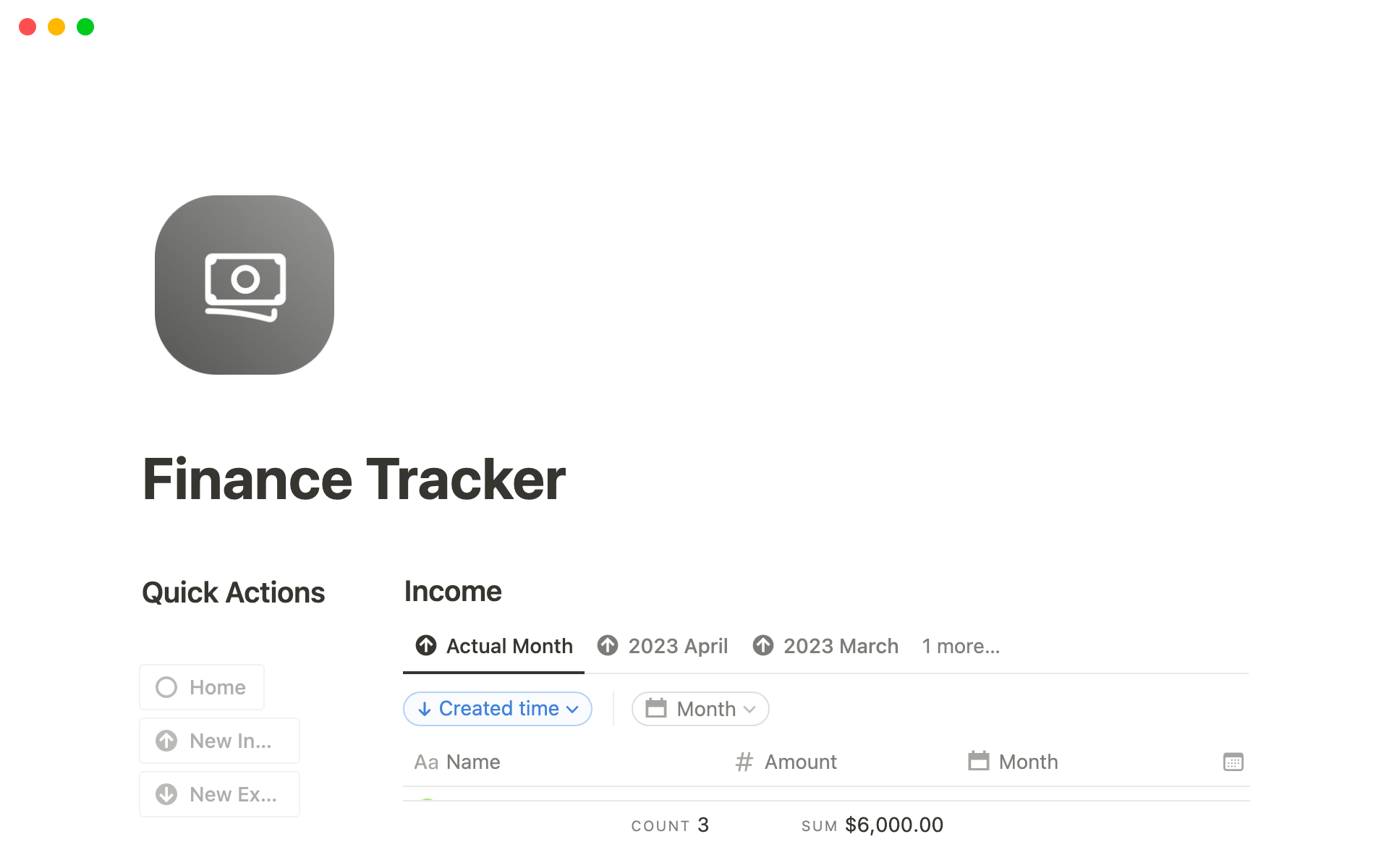 Vista previa de plantilla para Finance Tracker