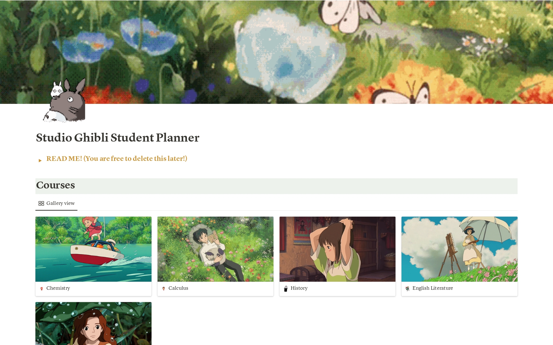 En forhåndsvisning av mal for Studio Ghibli Student Planner