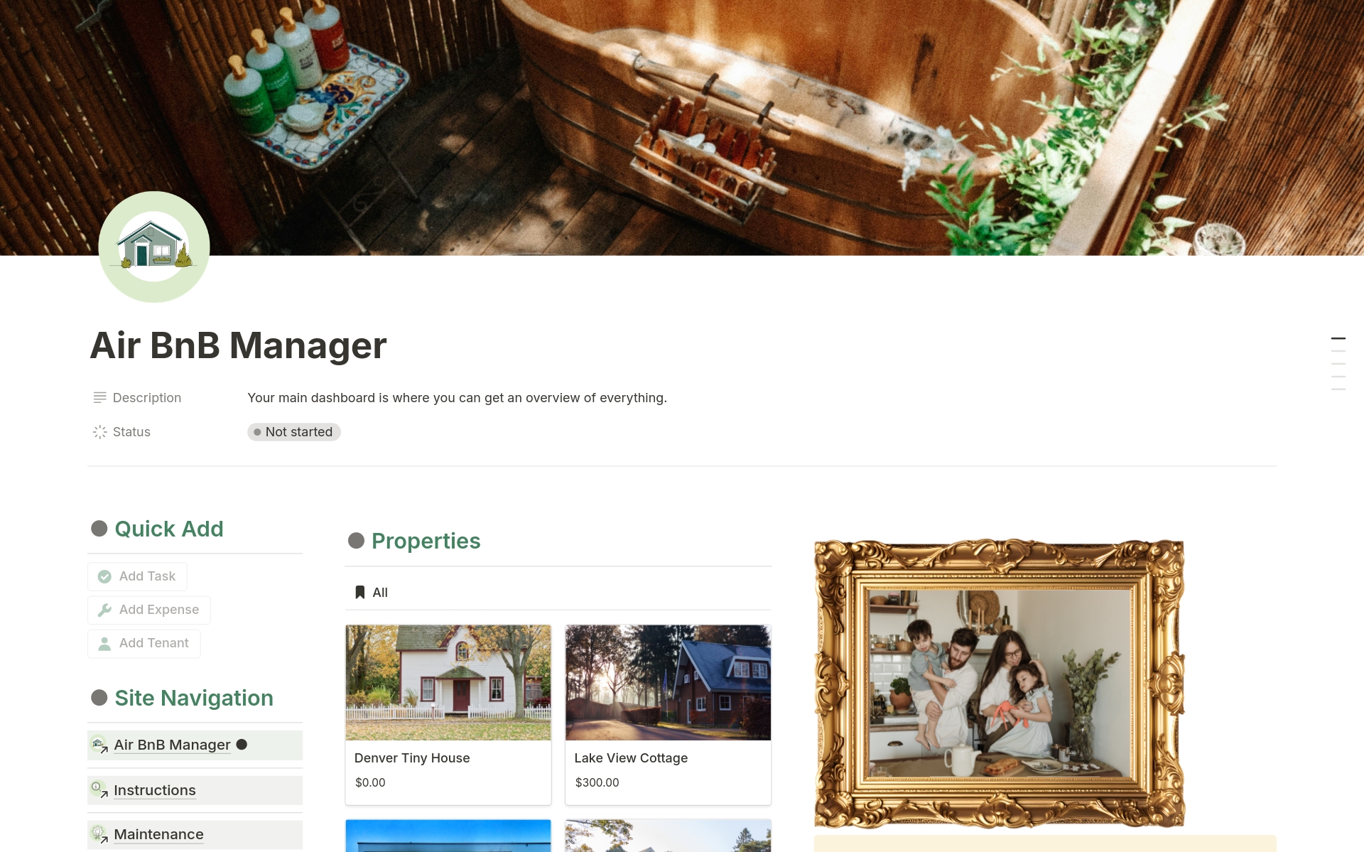 En forhåndsvisning av mal for Airbnb Multi-property Rental Business Manager