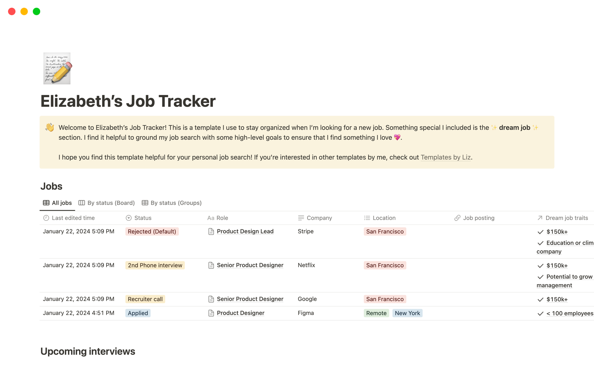 Uma prévia do modelo para Elizabeth’s Job Tracker