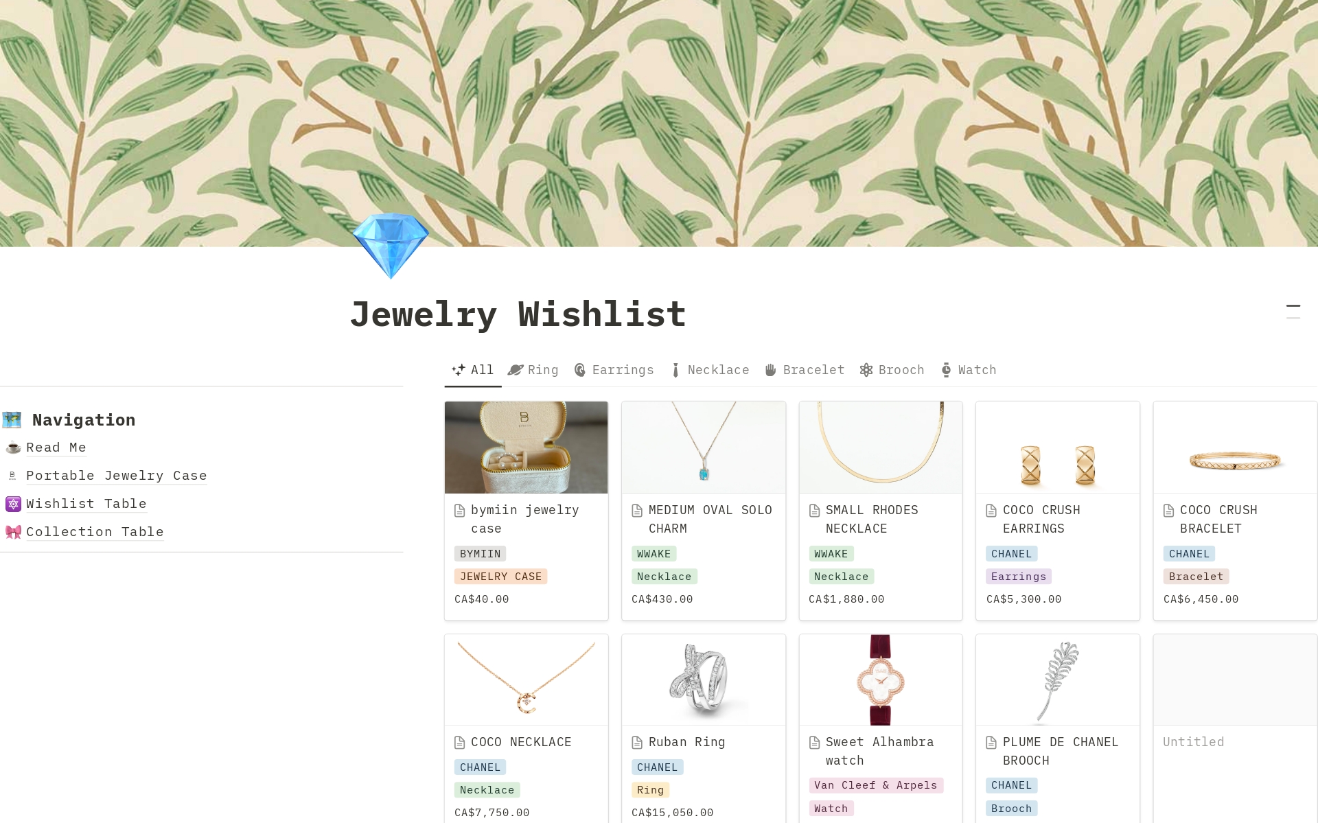 This template is ideal for jewelry enthusiasts looking to digitally catalog their collections and curate wish lists. It combines simplicity with thoughtful design for effortless organization.