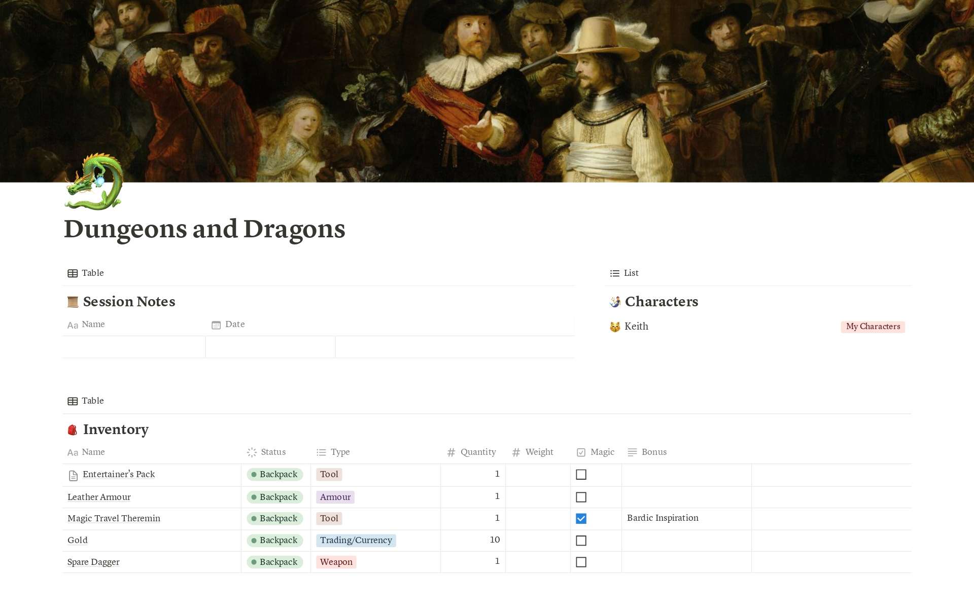 Eine Vorlagenvorschau für Dungeons and Dragons Player Site