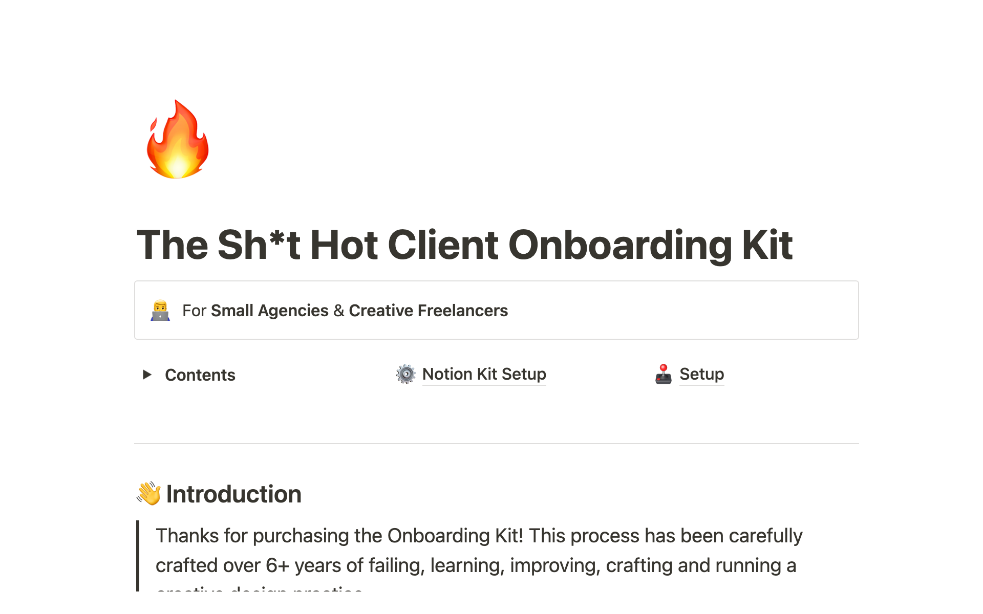 En forhåndsvisning av mal for The Sh*t Hot Client Onboarding Kit