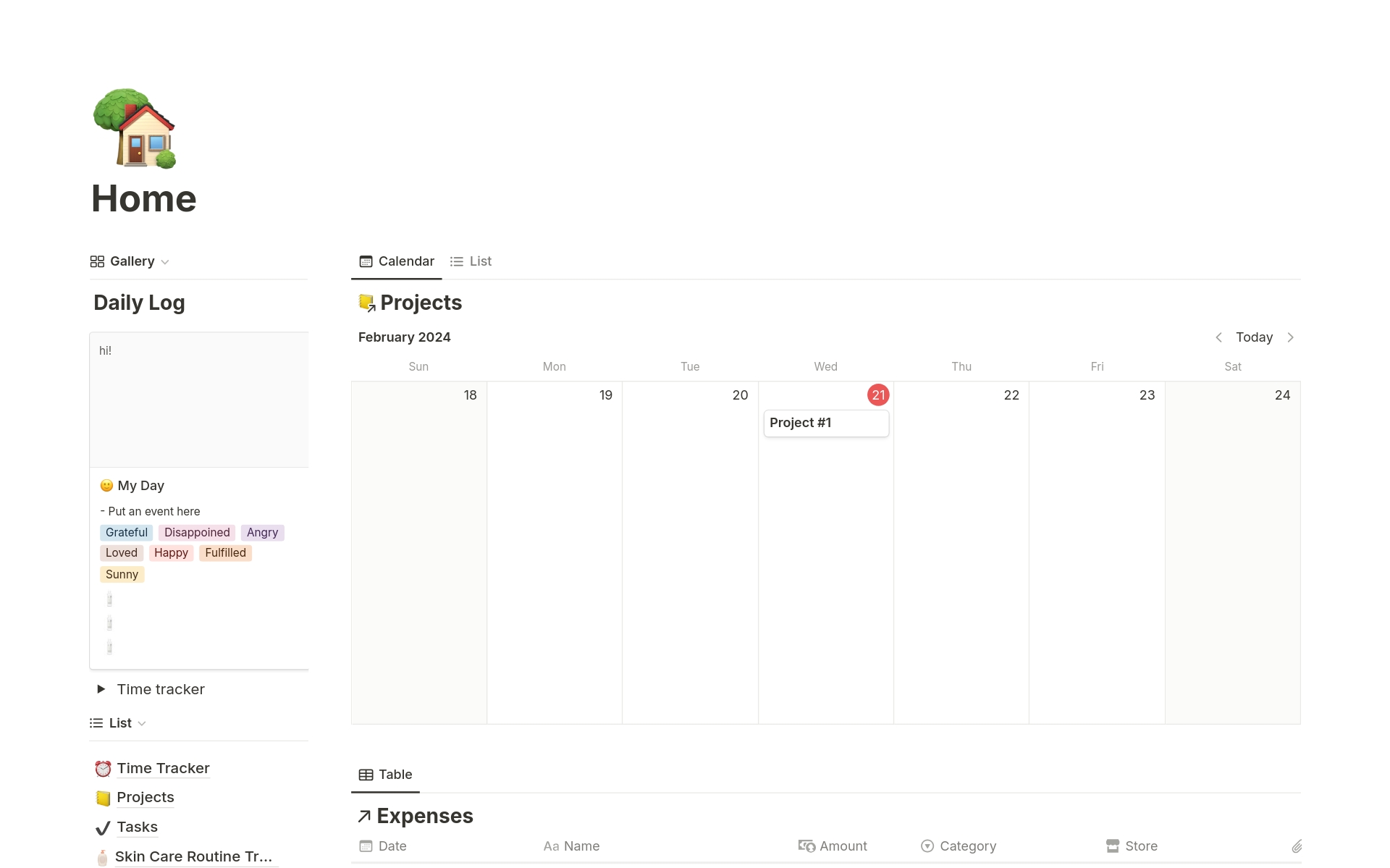 This set up includes:
- 6 databases (daily notes, expenses, time tracker, projects, task tracker, expense tracker)
- Linking to Notion Calendar
- Tutorial via Loom