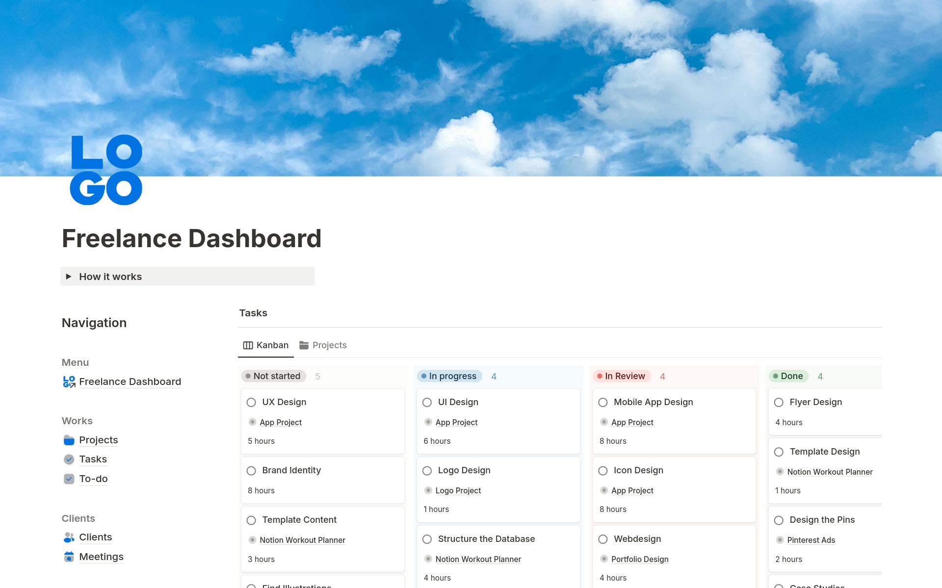 Vista previa de una plantilla para Freelance Business Dashboard [ FBD ]