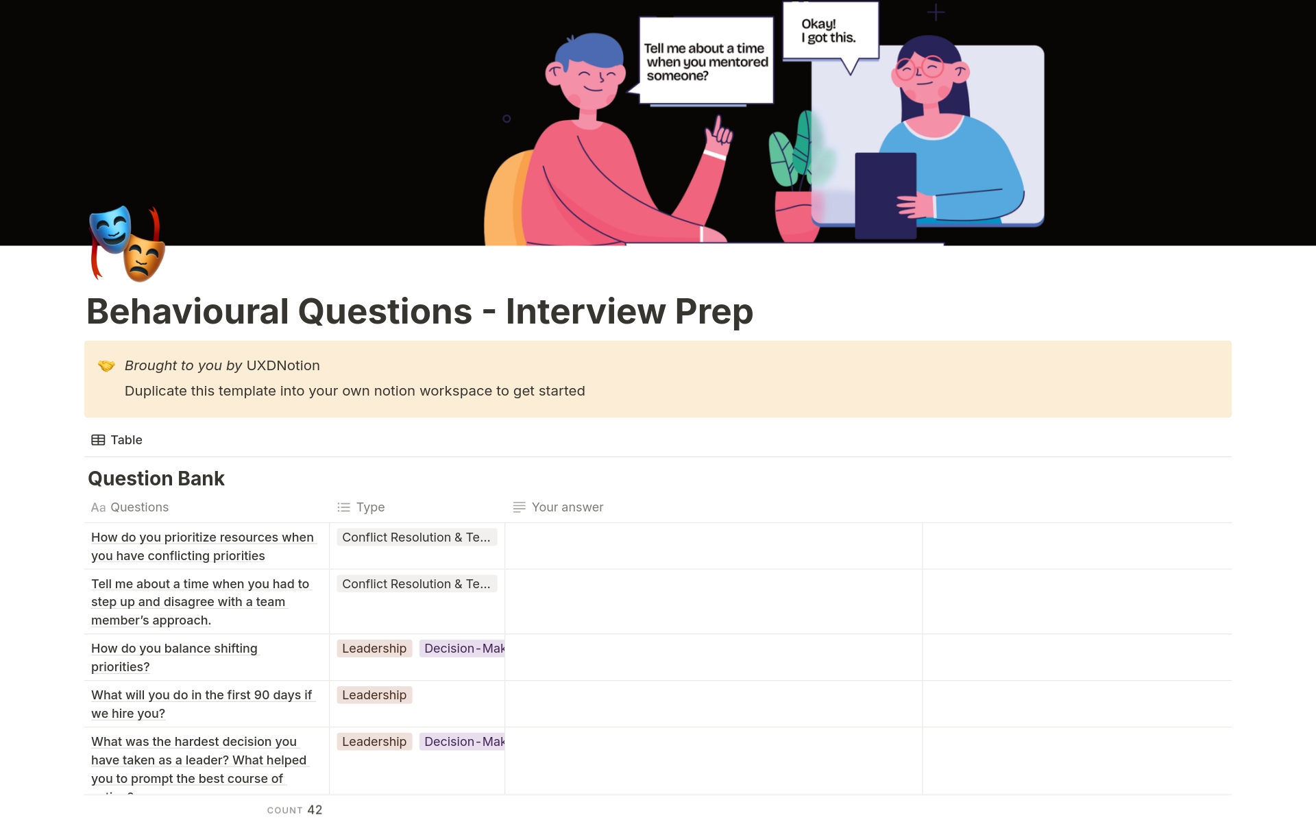 Behavioural Questions For UX design Interview Prep by UXD | Notion Template