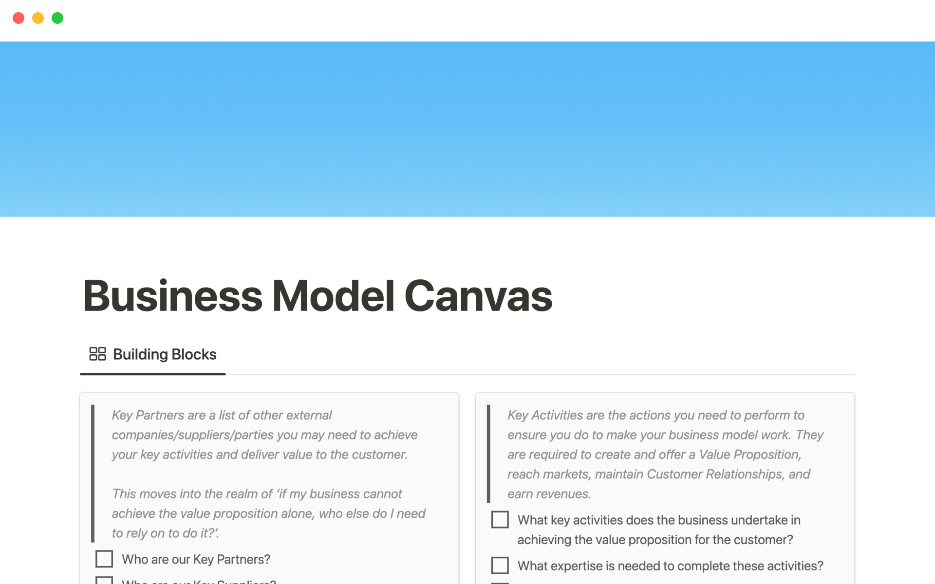 En forhåndsvisning av mal for Business model canvas