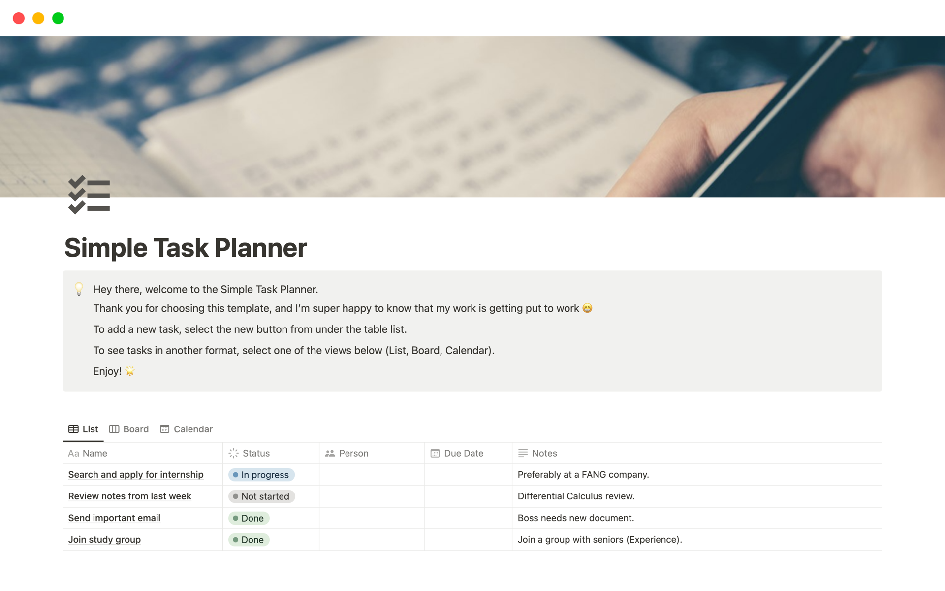 En forhåndsvisning av mal for Simple Task Planner