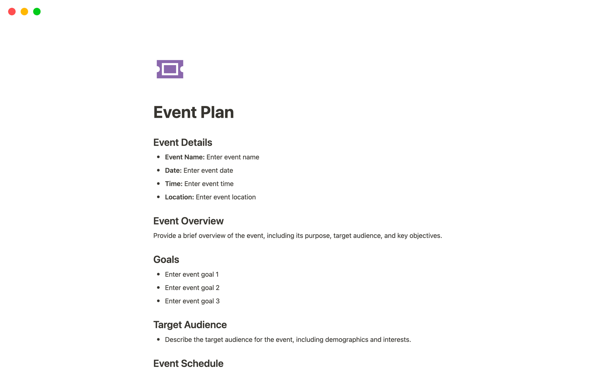En förhandsgranskning av mallen för Event Plan