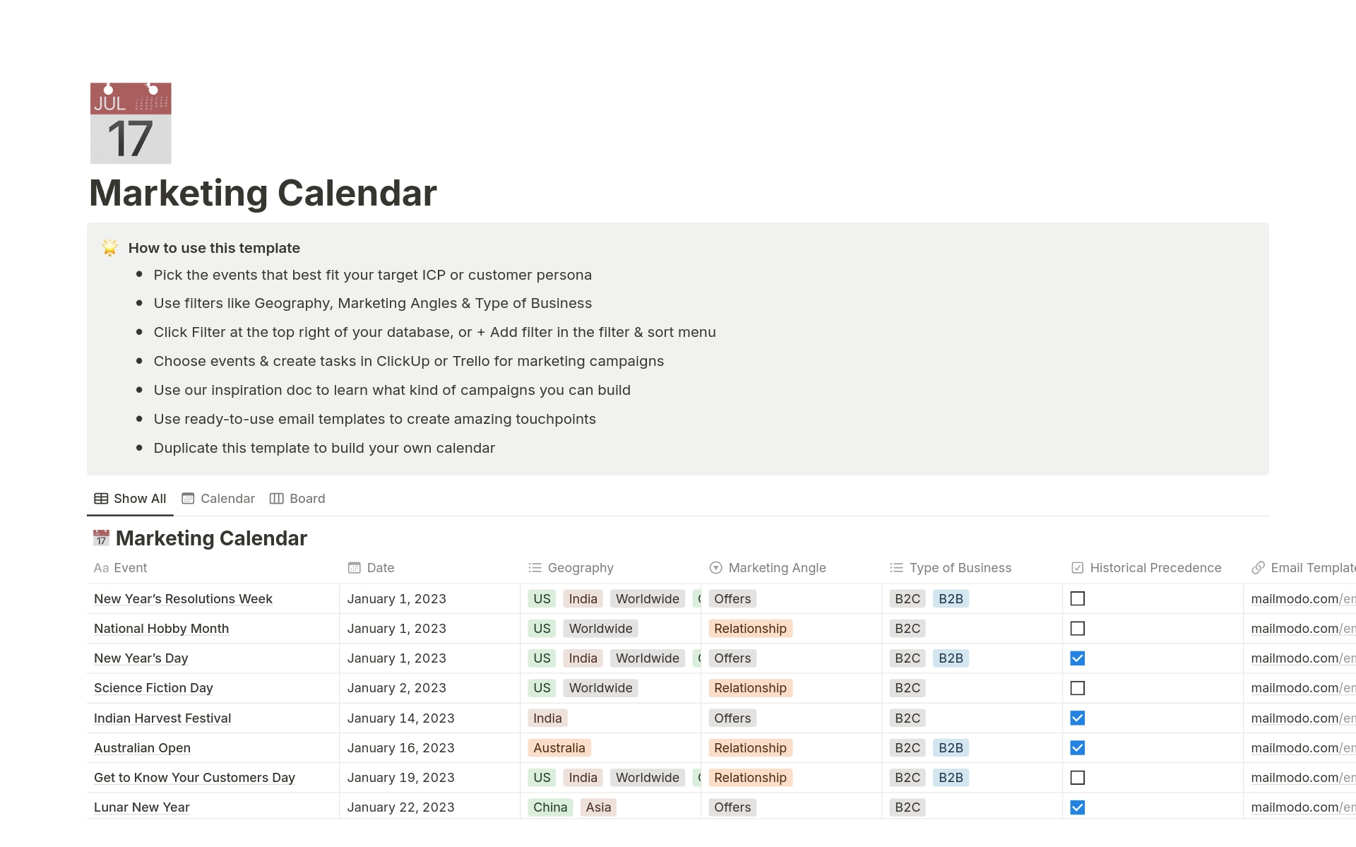 En förhandsgranskning av mallen för Mailmodo's Marketing Calendar