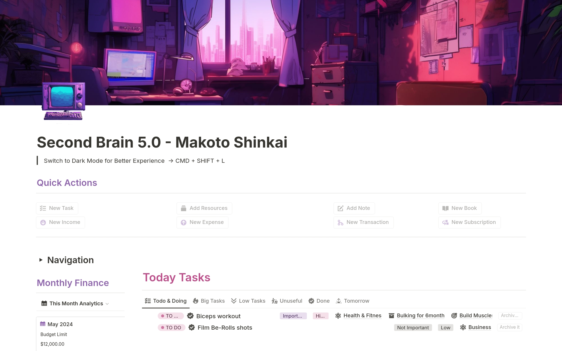 En förhandsgranskning av mallen för Second Brain 5.0 Makoto Shinkai