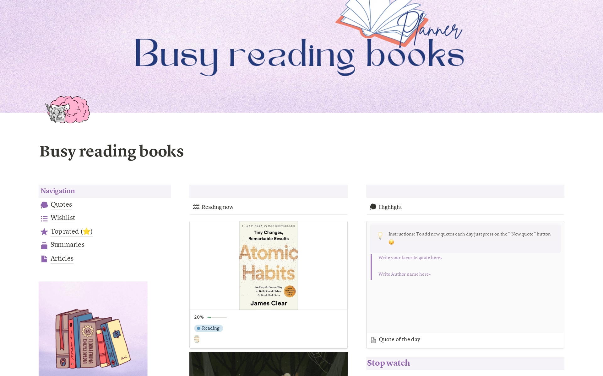 Welcome to “Royal but cool planners”
Embrace a more organized and enriched reading experience with our "Busy Reading Books" Notion template! This all-in-one tool allows you to keep track of your current reads, plan for future ones, and even write your own summaries. 